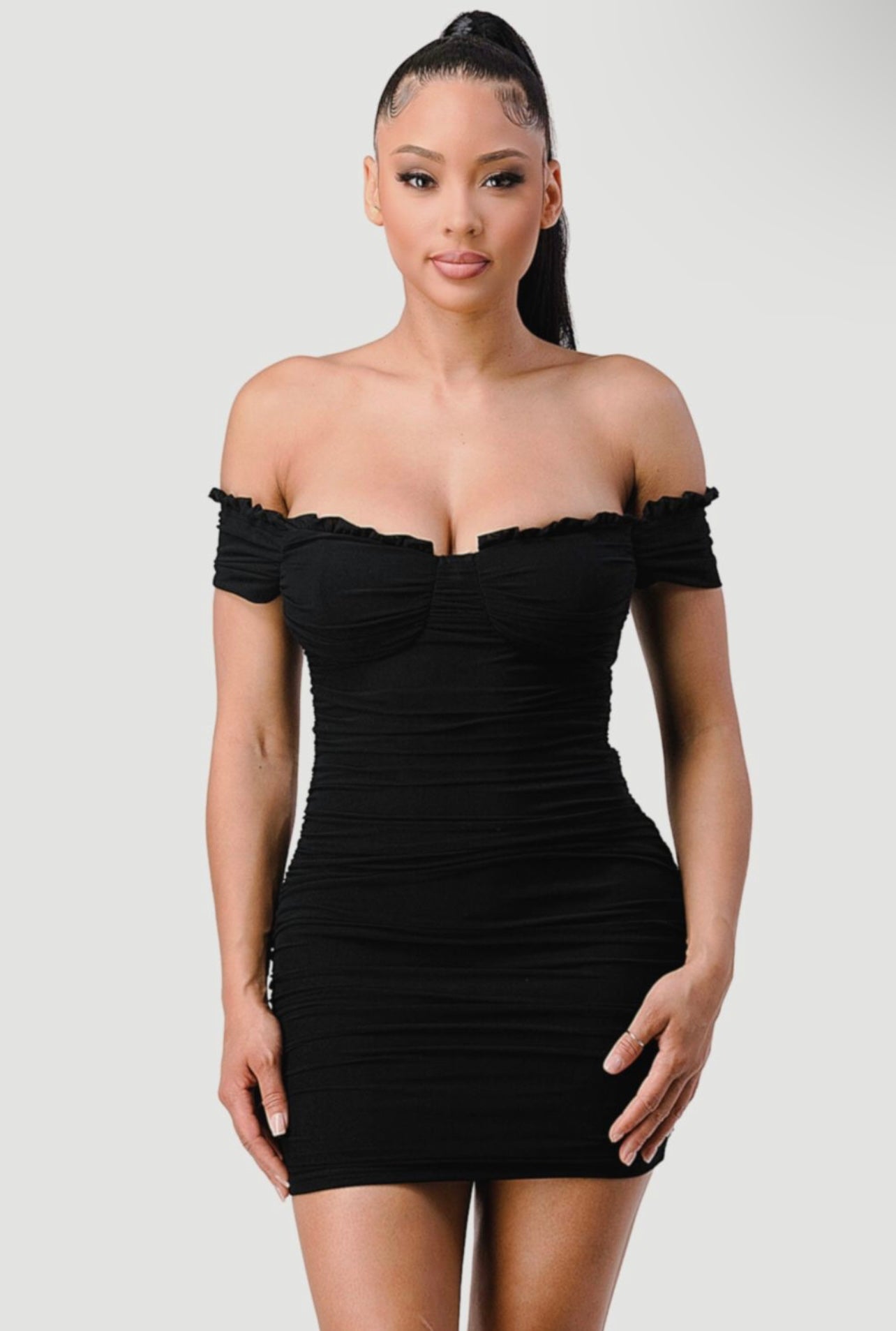 Destiny Ruched Off The Shoulder Dress (Black)