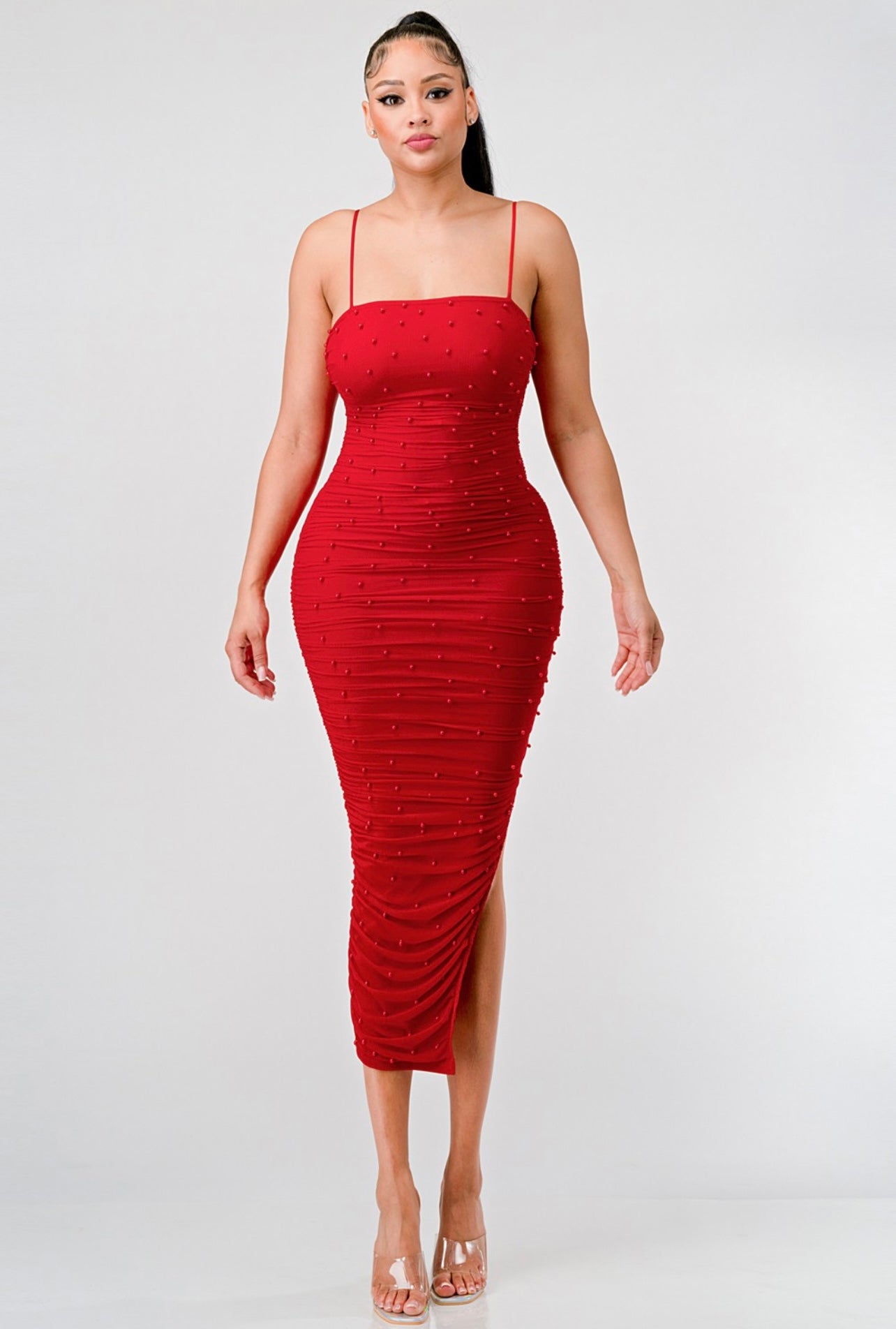 Date Night Pearl Midi Dress (Red)