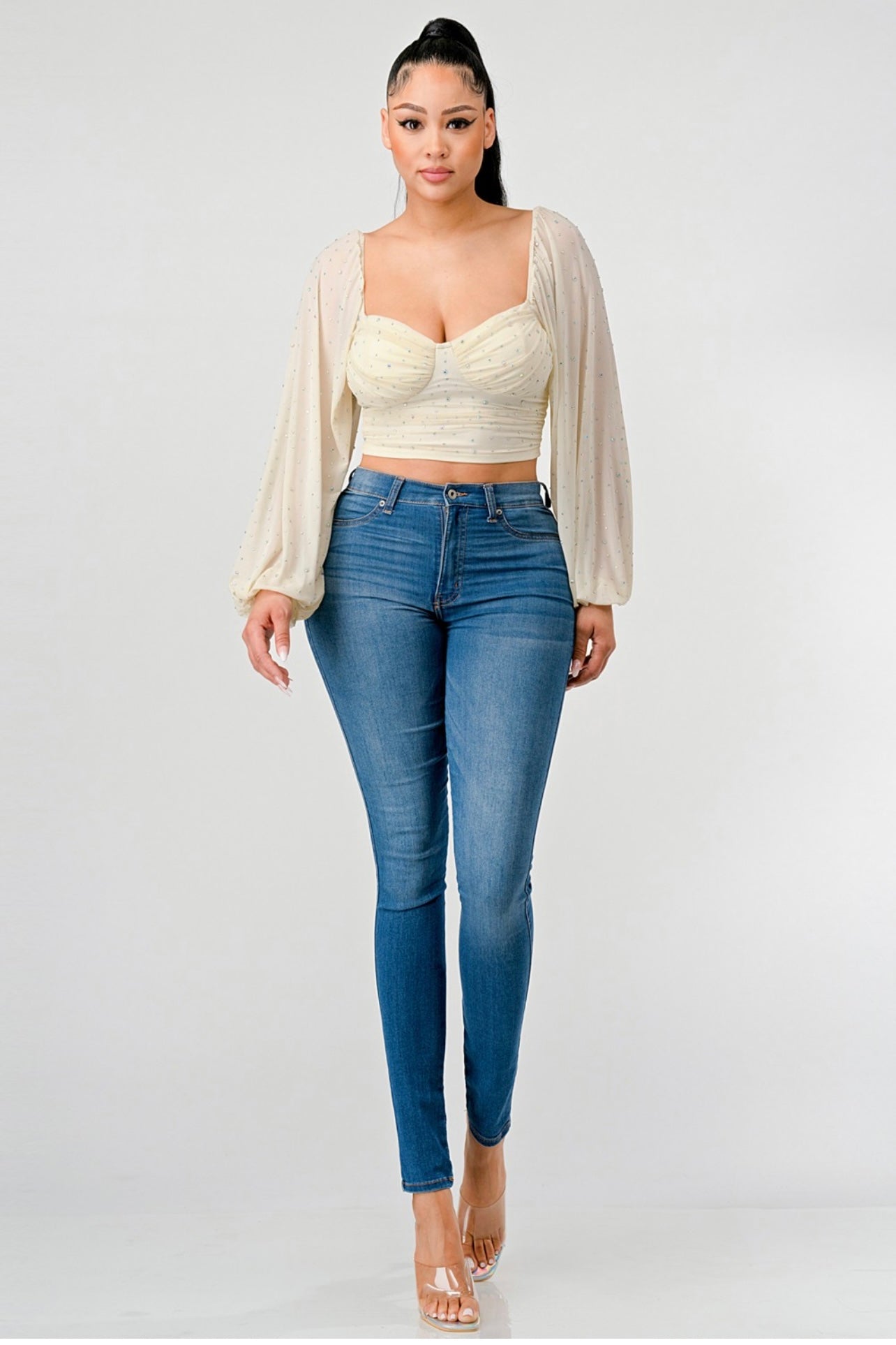 Sweetheart Rhinestone Cropped Top (Cream)