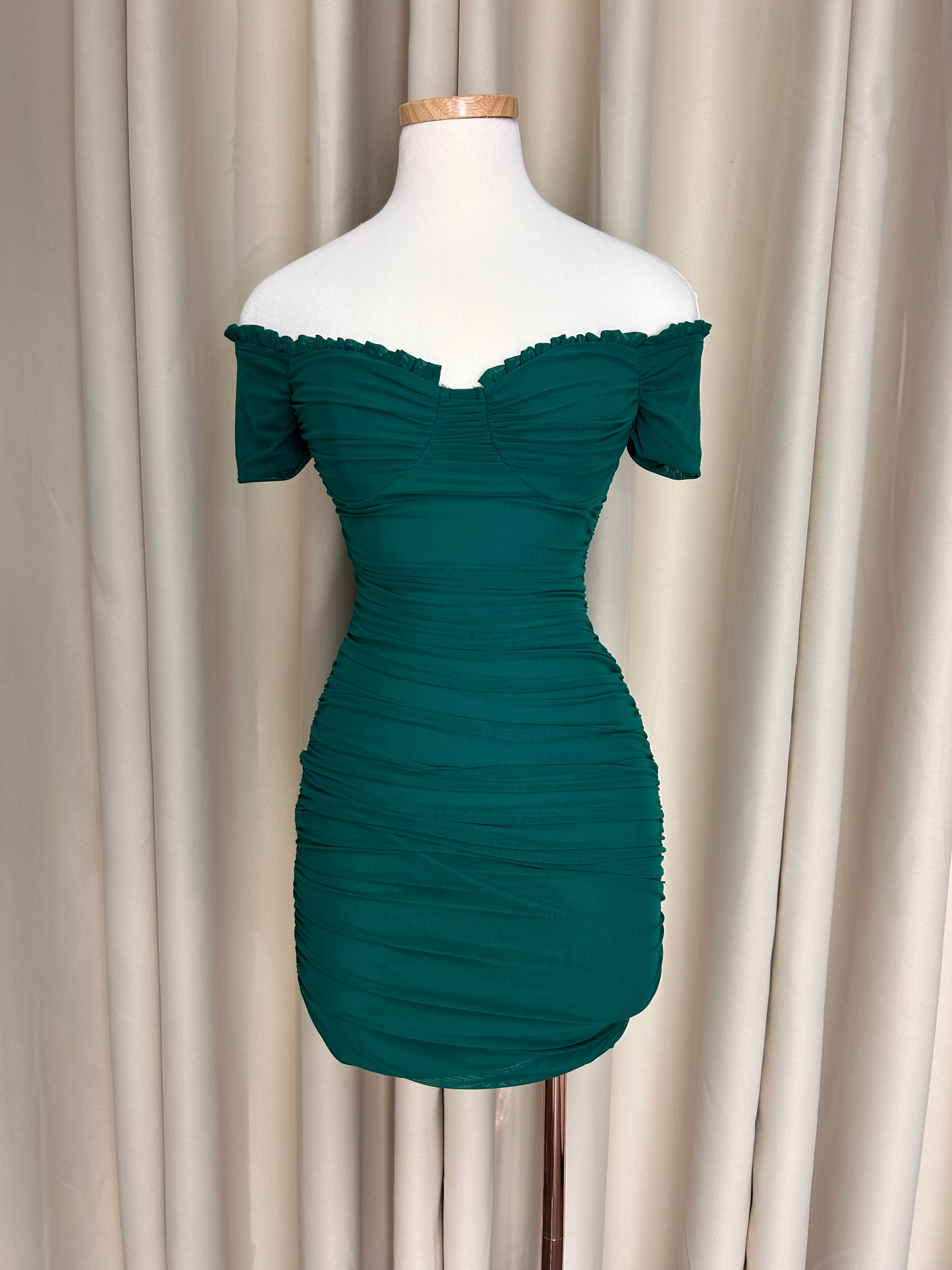Destiny Ruched Off the Shoulder Dress (Emerald)