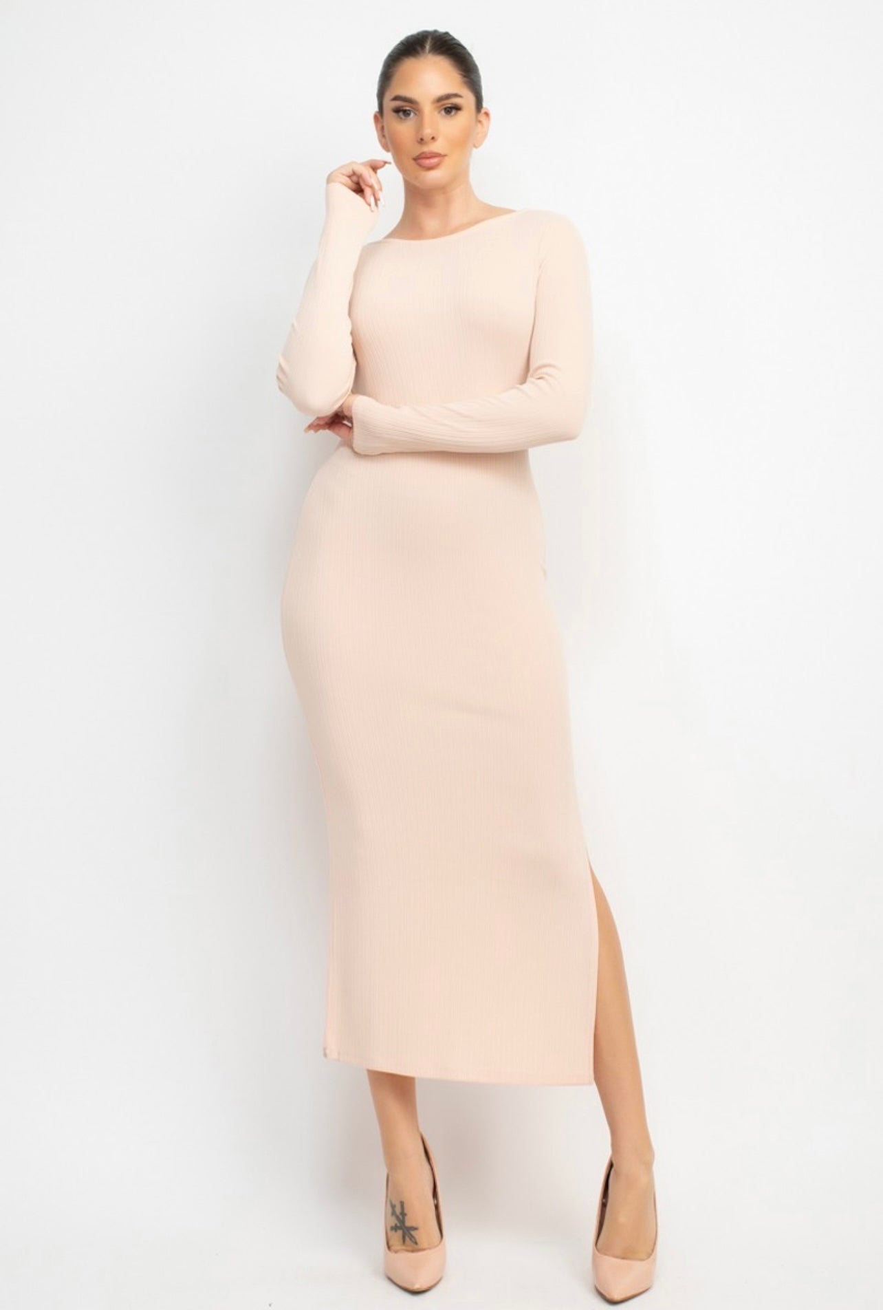 Violet Scoop Back Rib Midi Dress (Cream)