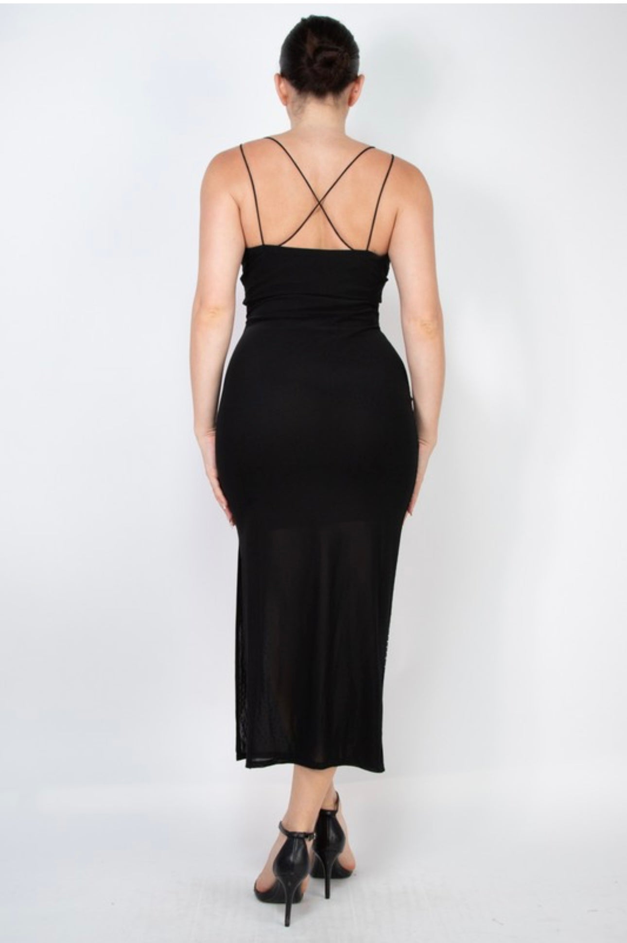 Amaris Black Rhinestone Slit Midi Dress