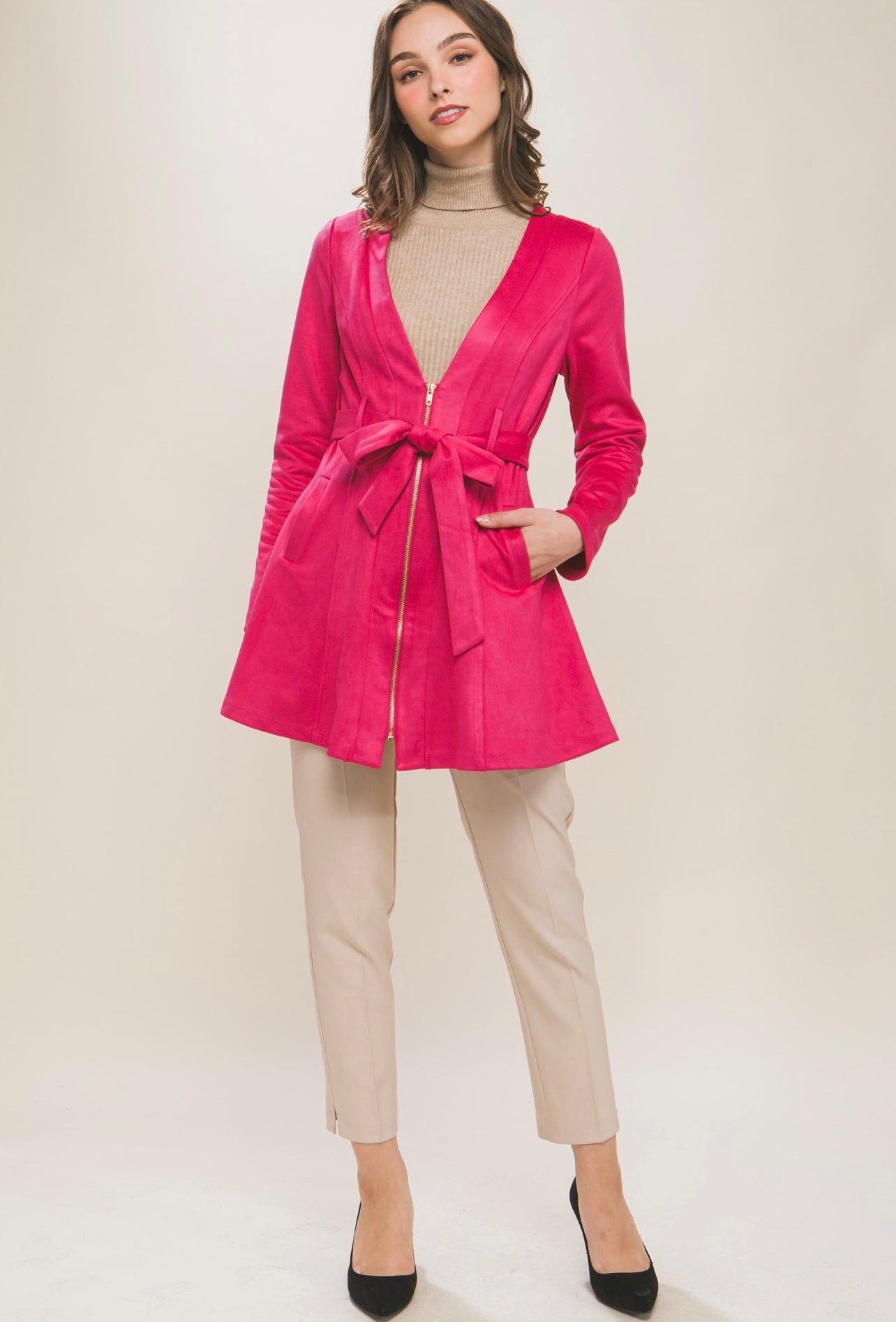 Suede Waist Tie Coat (Fushia)