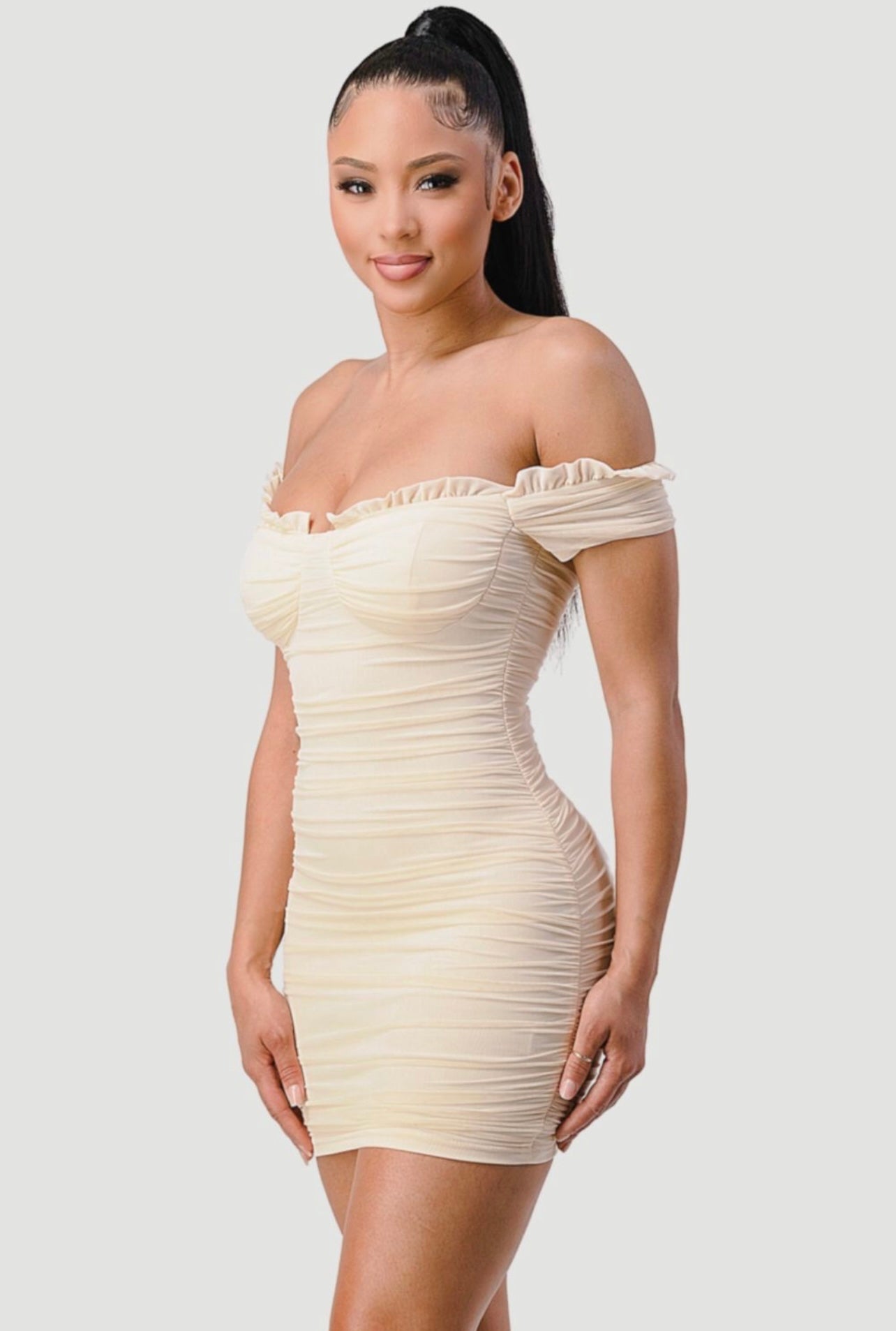 Destiny Ruched Off The Shoulder Dress (Cream)
