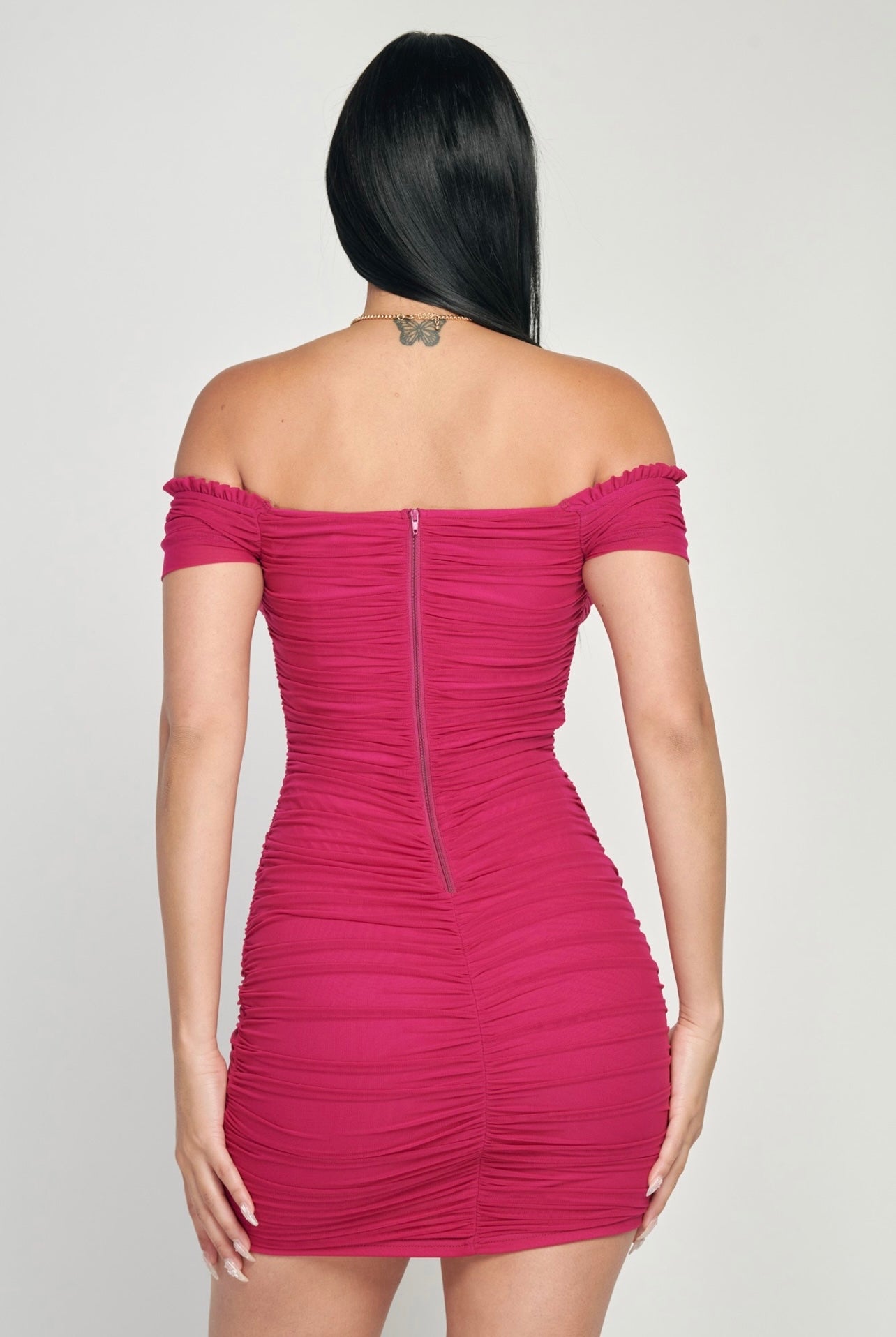 Destiny Ruched Off The Shoulder Dress (Berry)