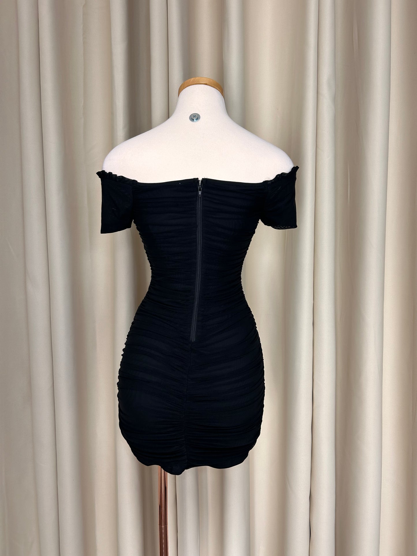 Destiny Ruched Off The Shoulder Dress (Black)