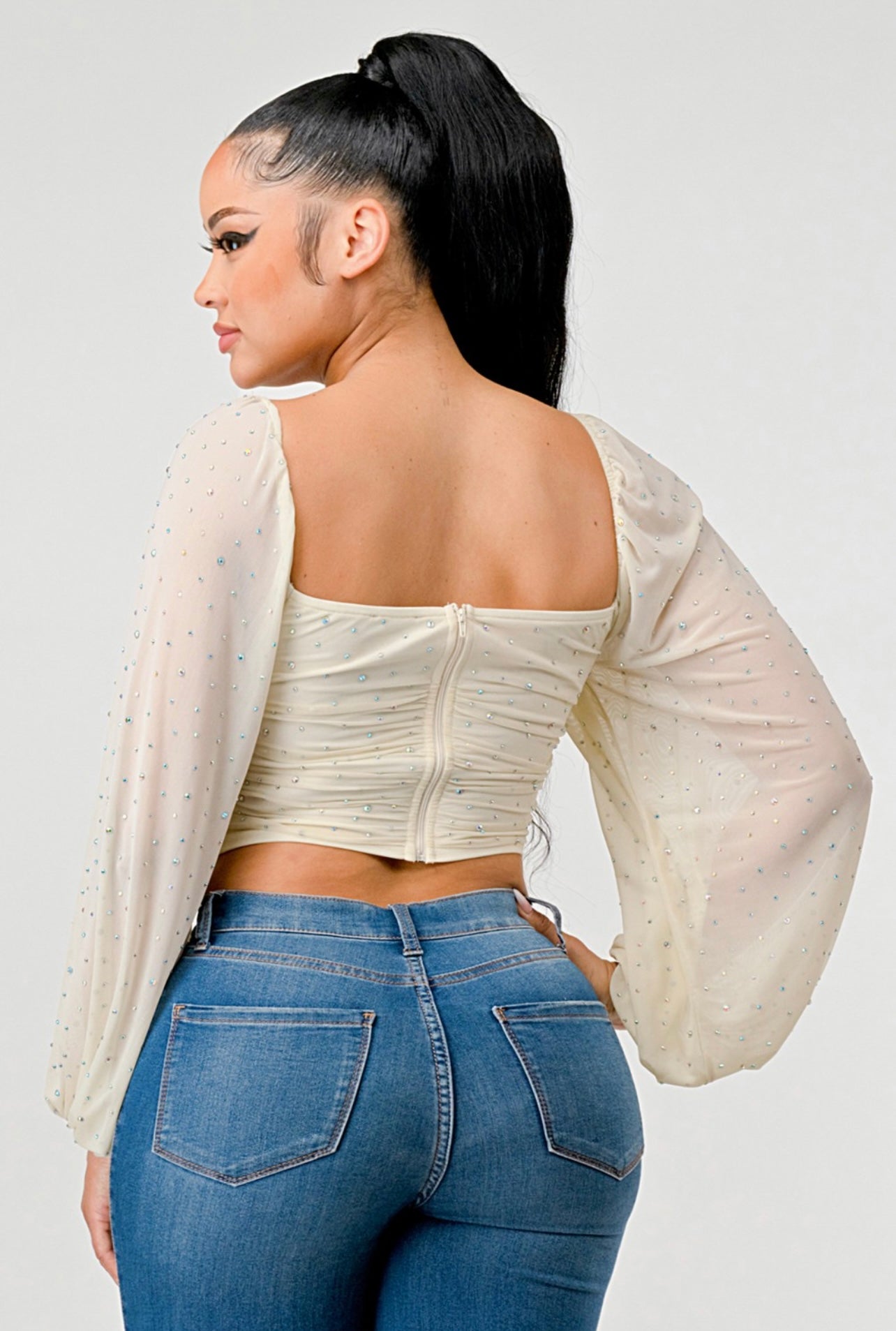 Sweetheart Rhinestone Cropped Top (Cream)