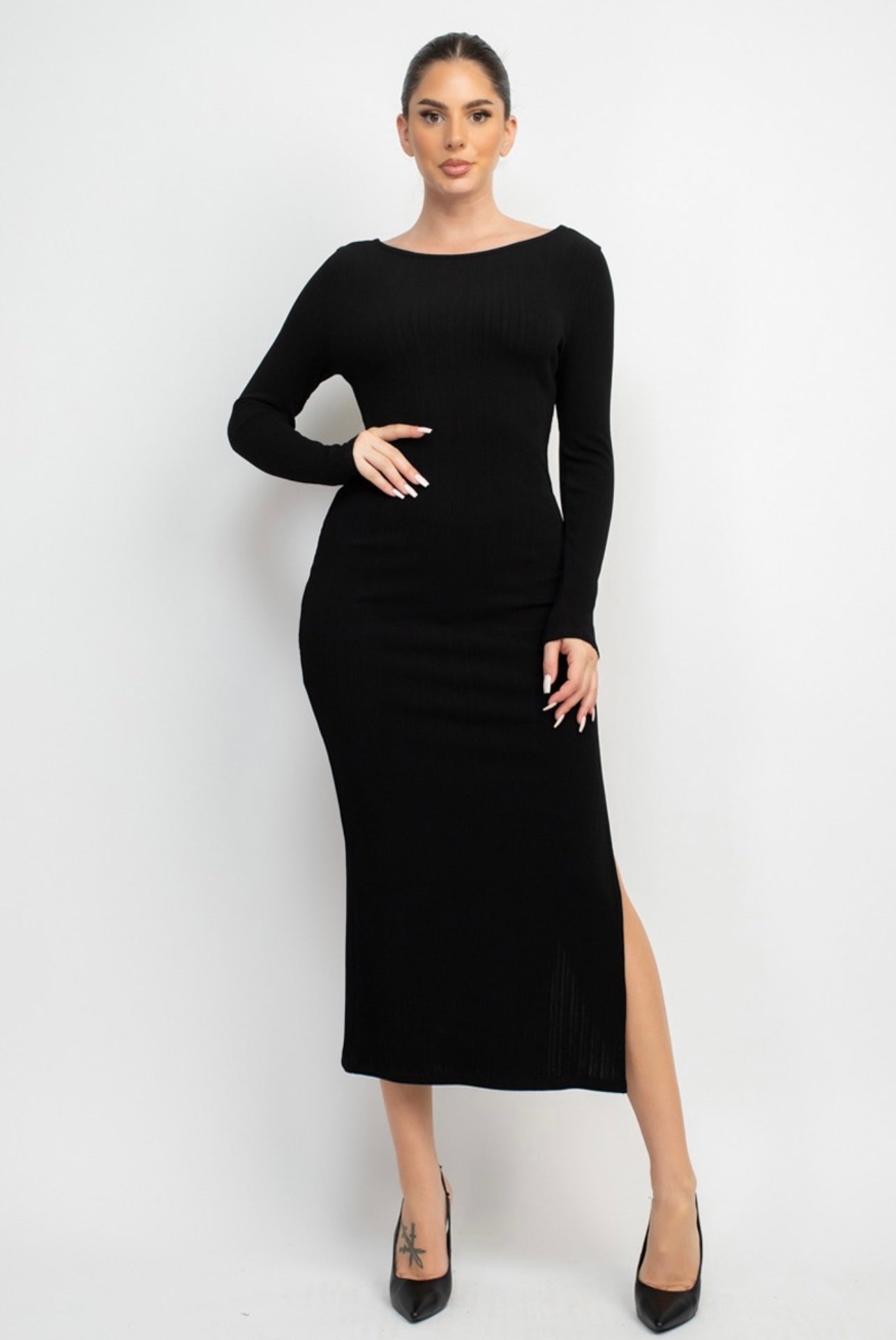 Violet Scoop Back Rib Midi Dress (Black)
