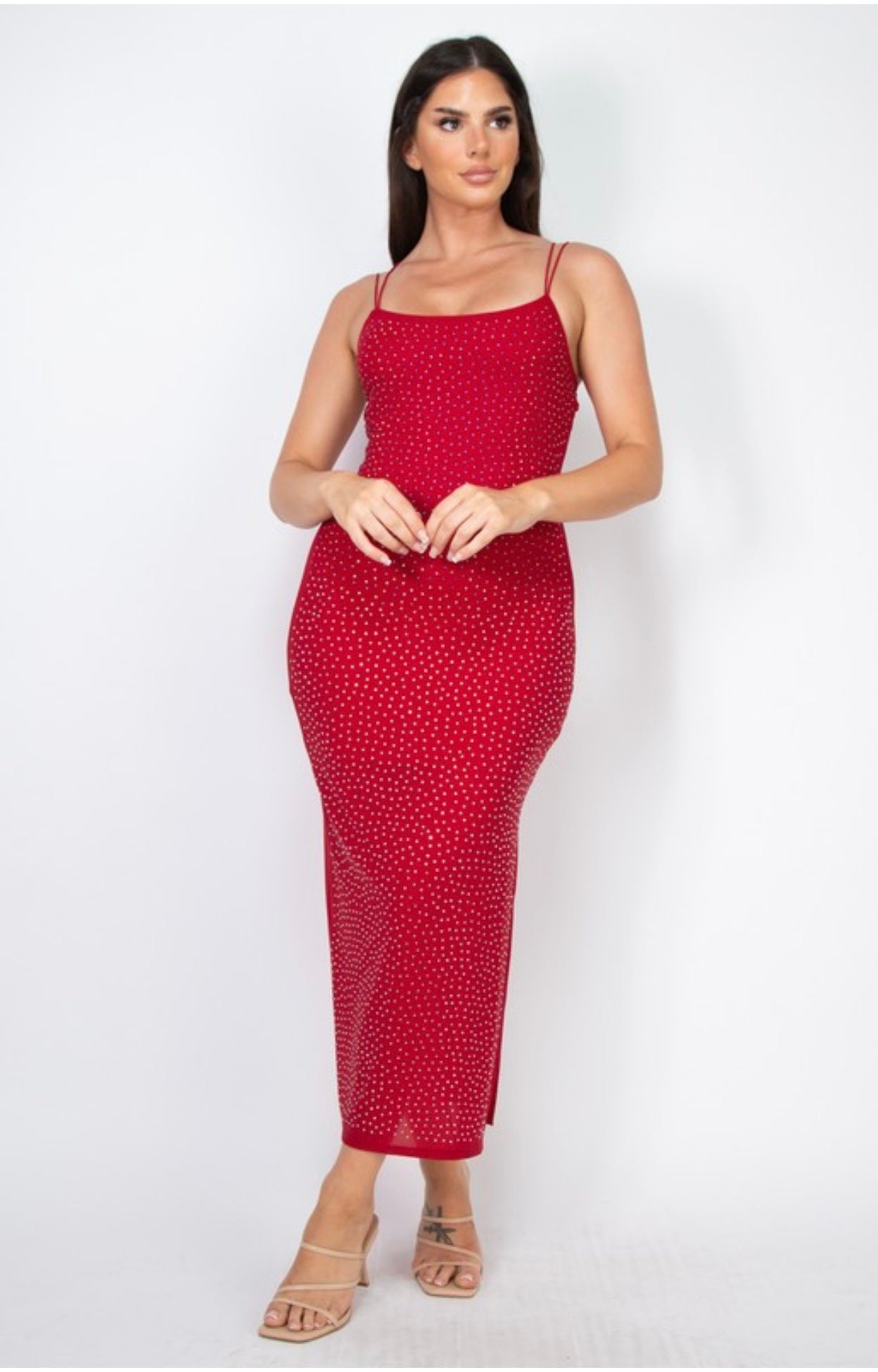 Amaris Red Rhinestone Slit Midi Dress