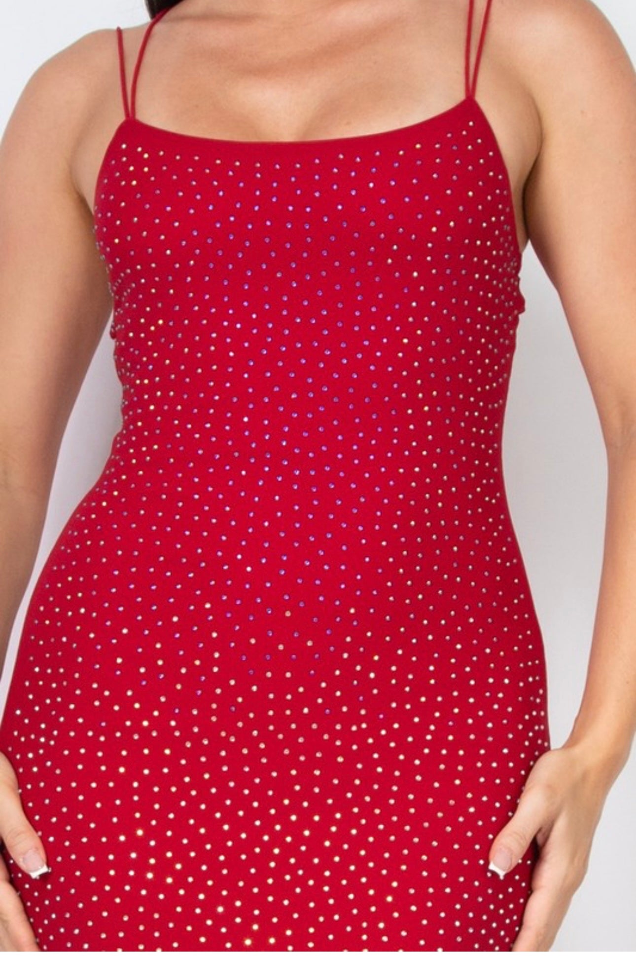 Amaris Red Rhinestone Slit Midi Dress