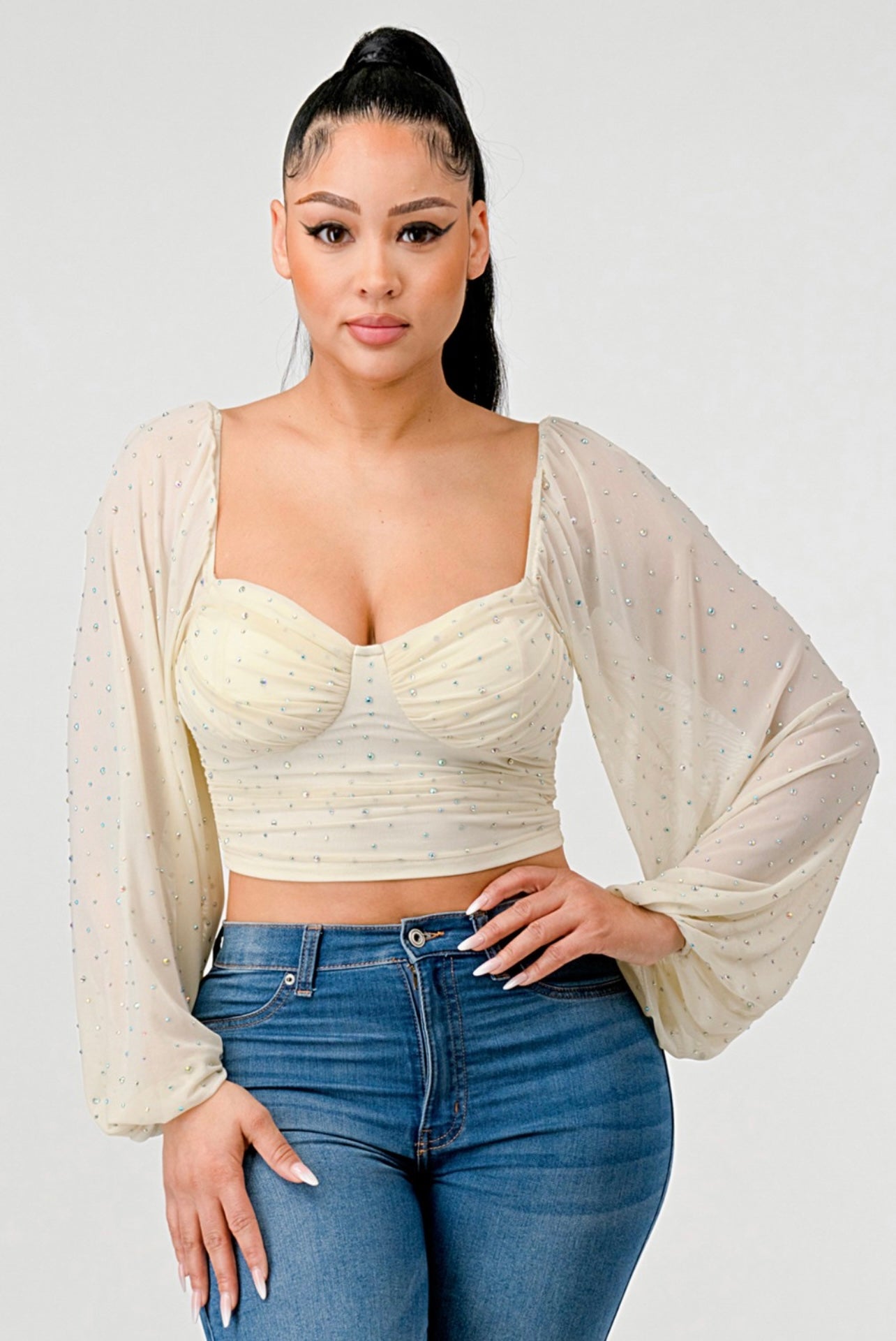 Sweetheart Rhinestone Cropped Top (Cream)