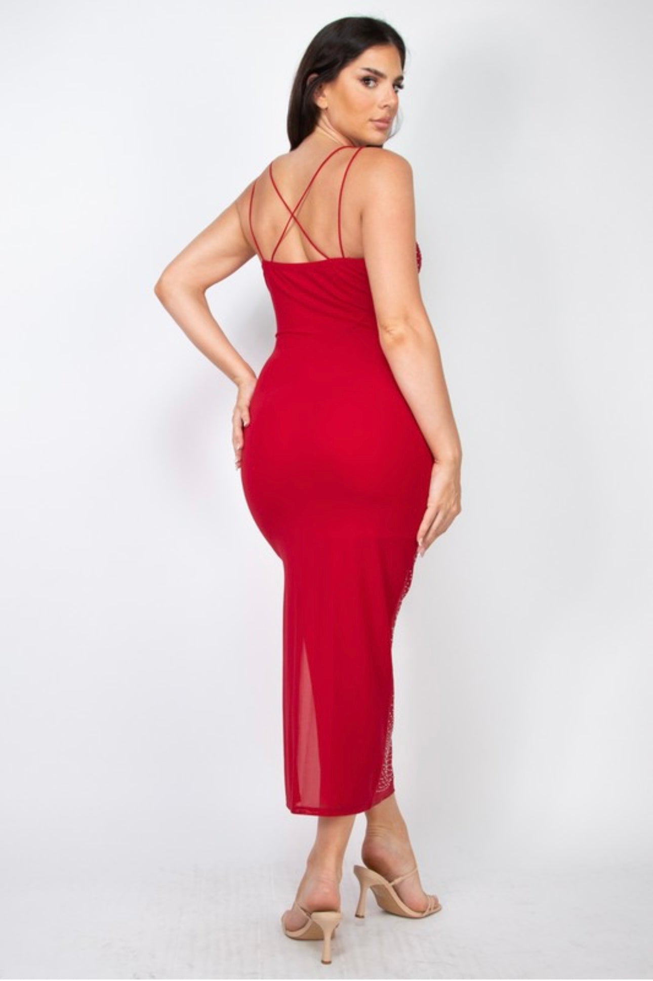 Amaris Red Rhinestone Slit Midi Dress