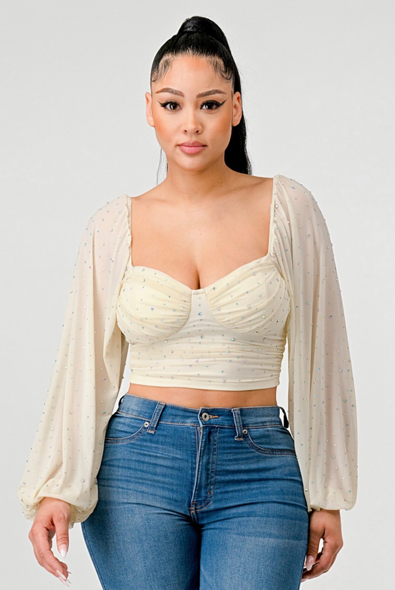 Sweetheart Rhinestone Cropped Top (Cream)