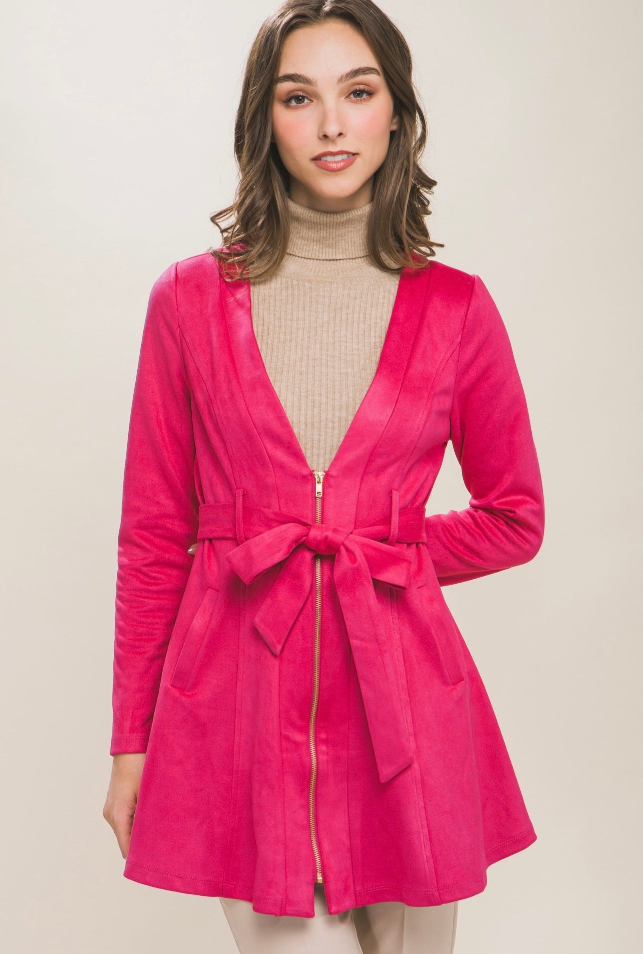 Suede Waist Tie Coat (Fushia)
