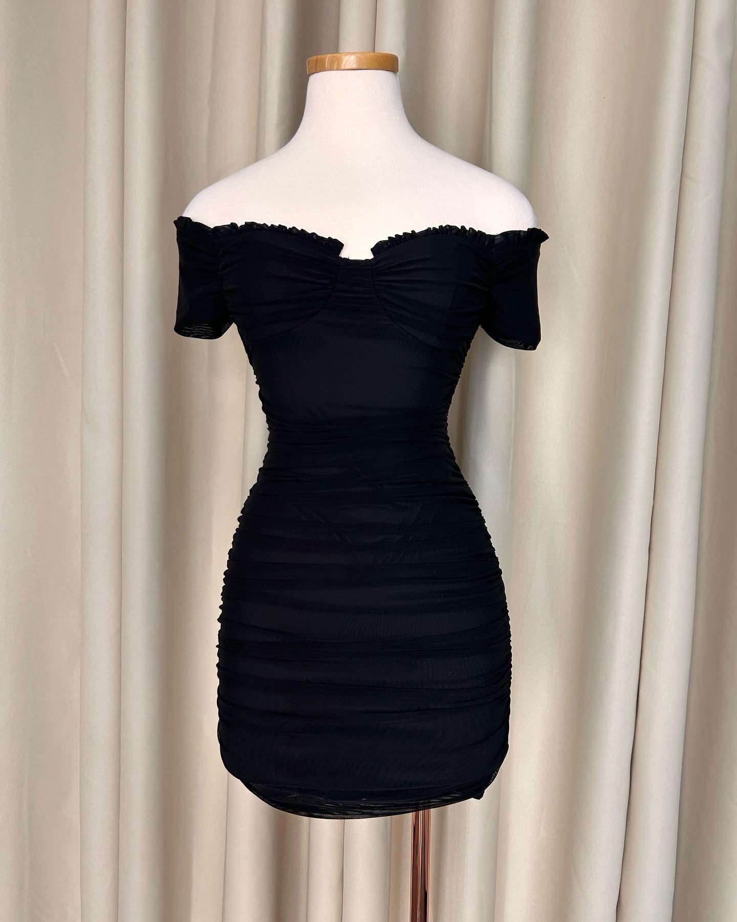 Destiny Ruched Off The Shoulder Dress (Black)