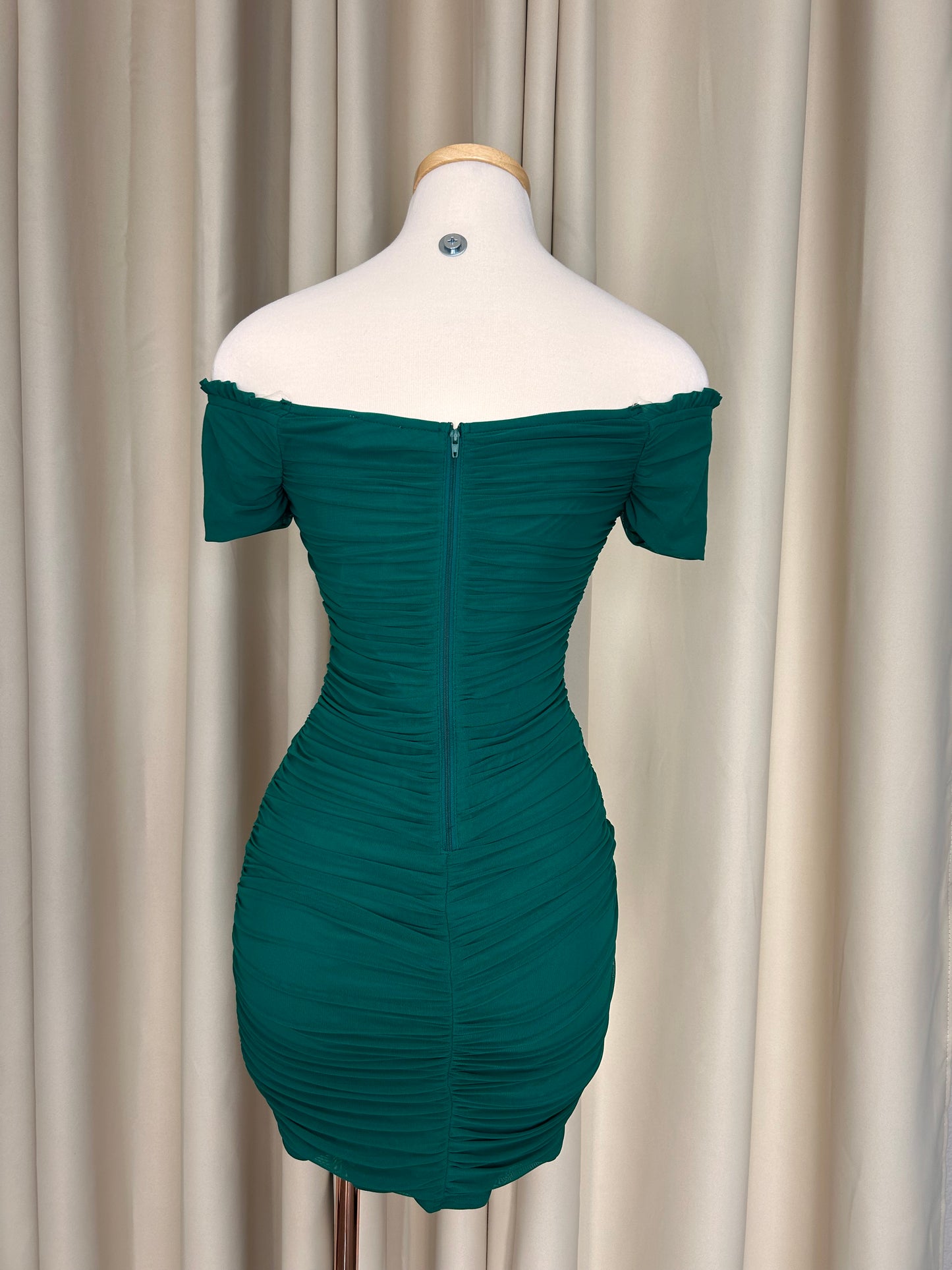 Destiny Ruched Off the Shoulder Dress (Emerald)
