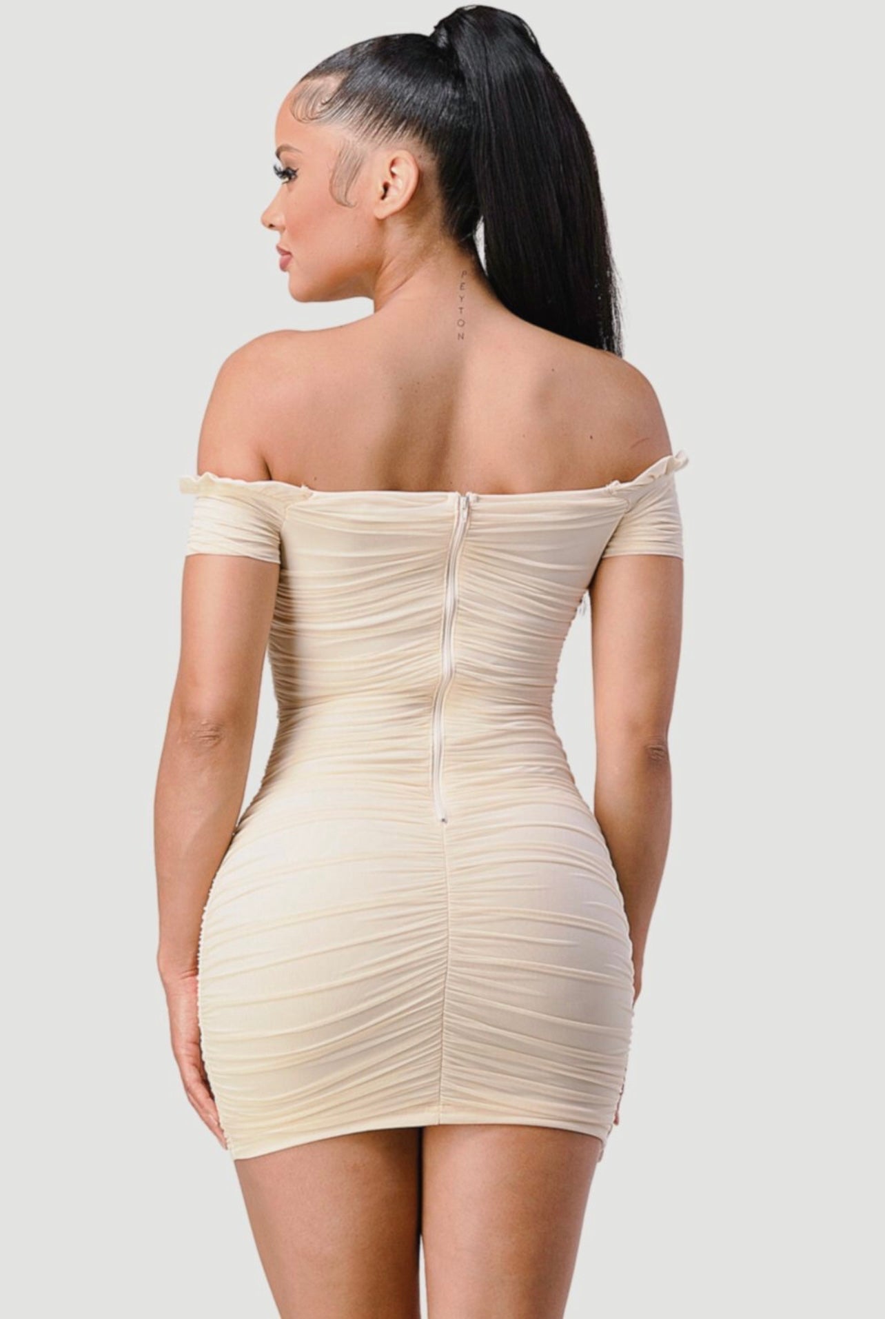 Destiny Ruched Off The Shoulder Dress (Cream)
