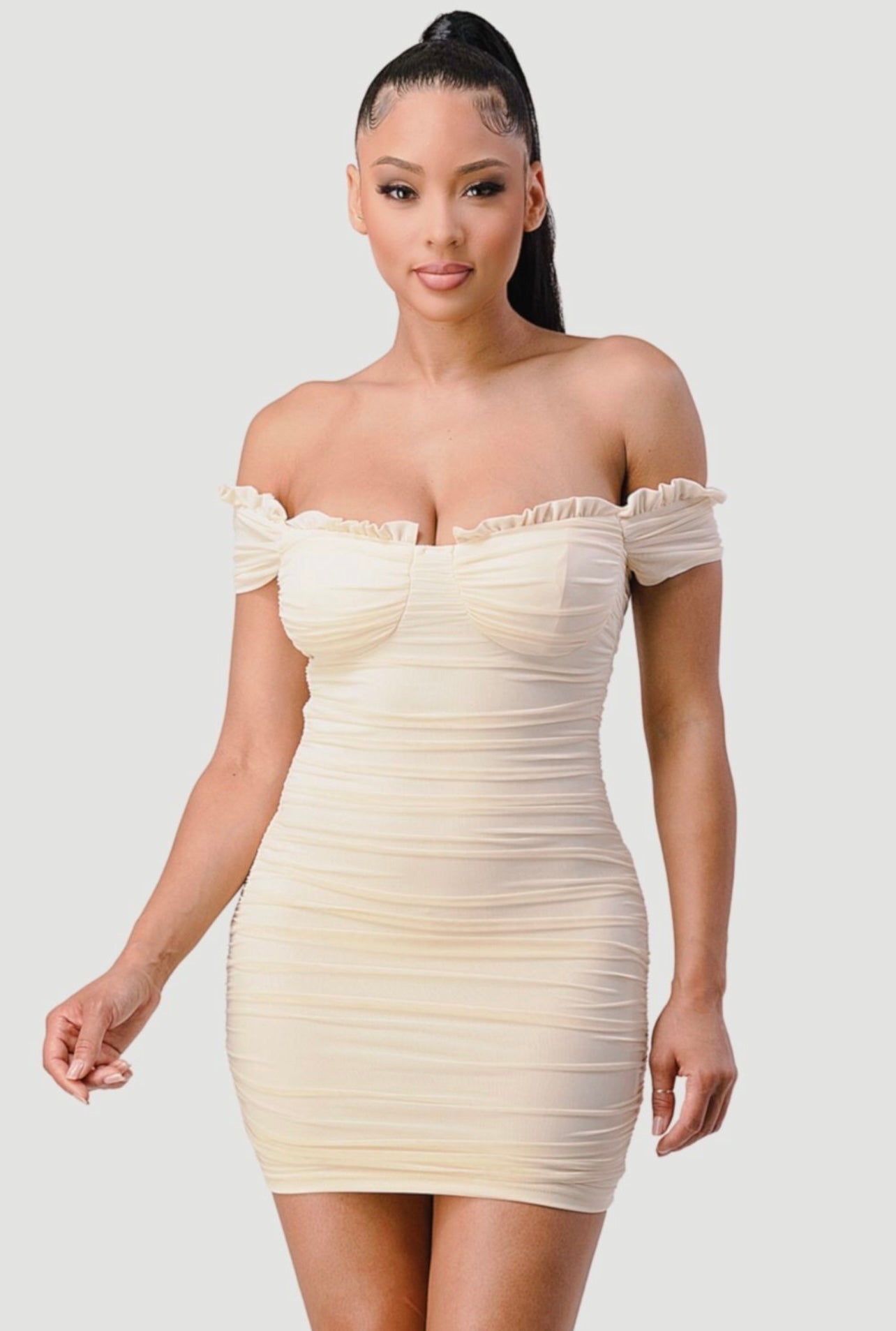 Destiny Ruched Off The Shoulder Dress (Cream)