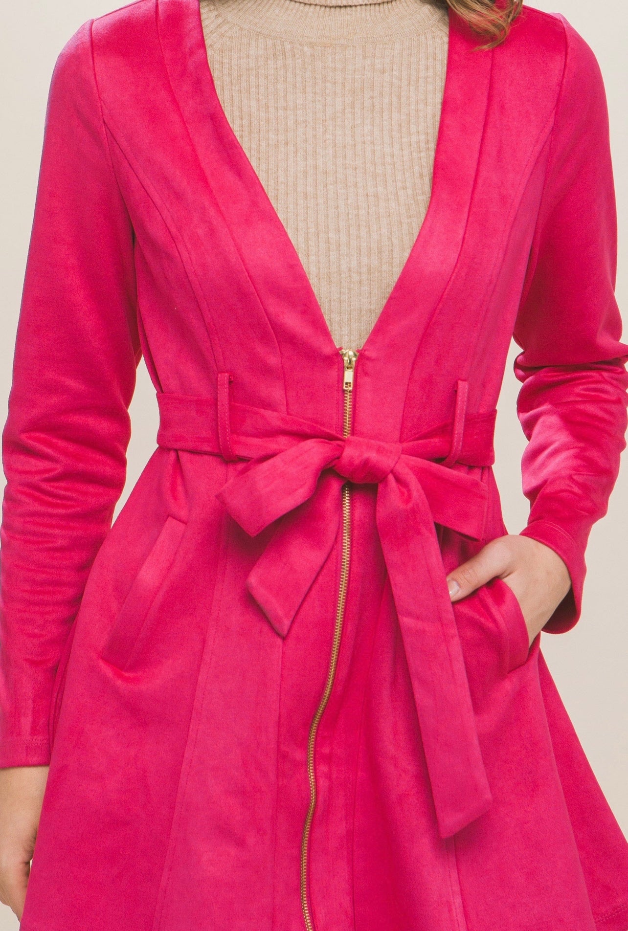 Suede Waist Tie Coat (Fushia)