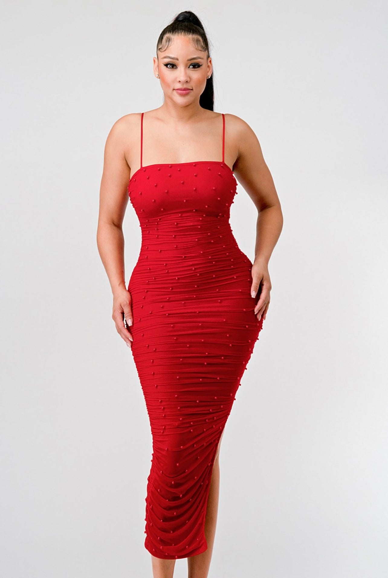 Date Night Pearl Midi Dress (Red)