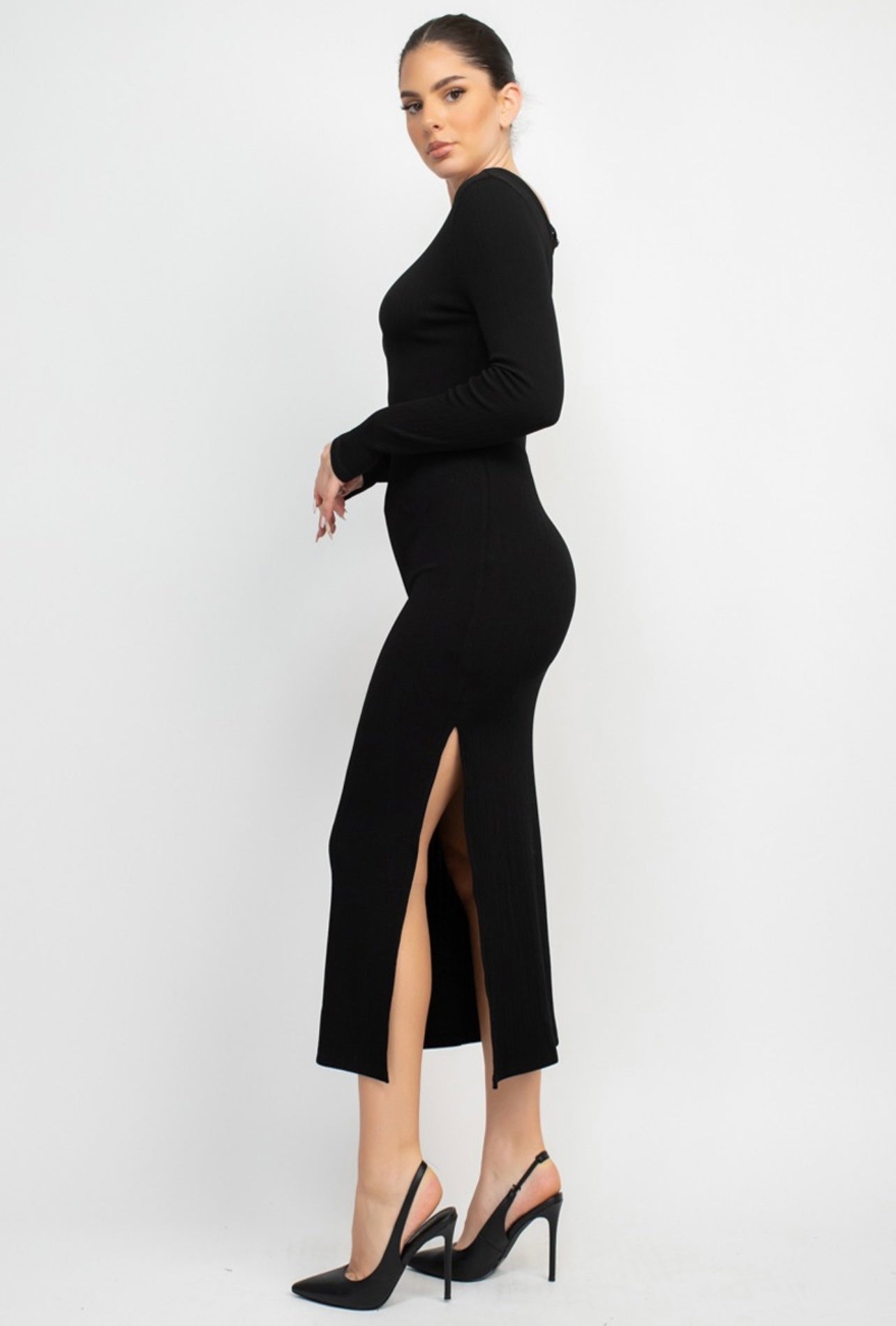 Violet Scoop Back Rib Midi Dress (Black)