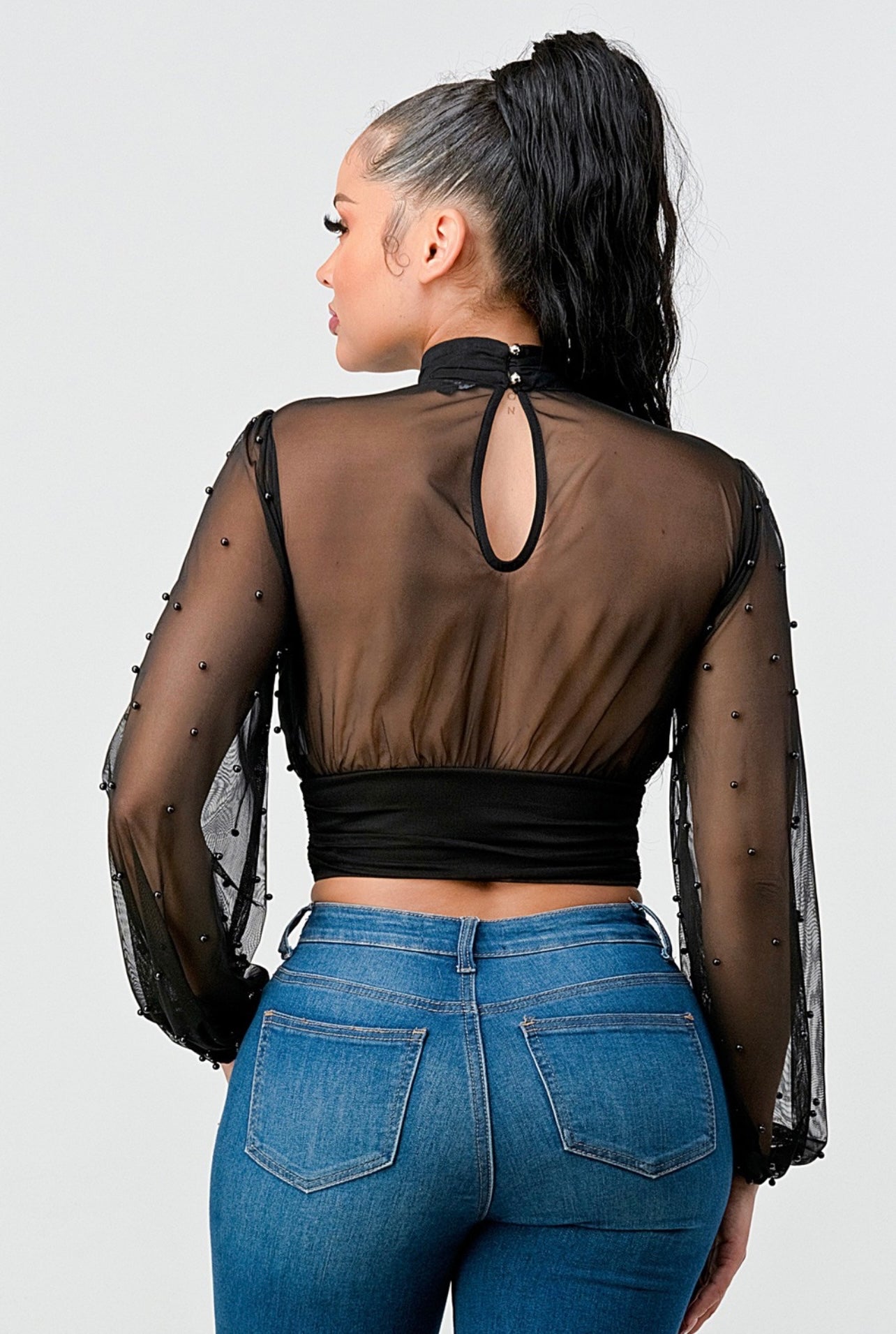 Luxxy Mesh Pearl Cropped Top (Black)