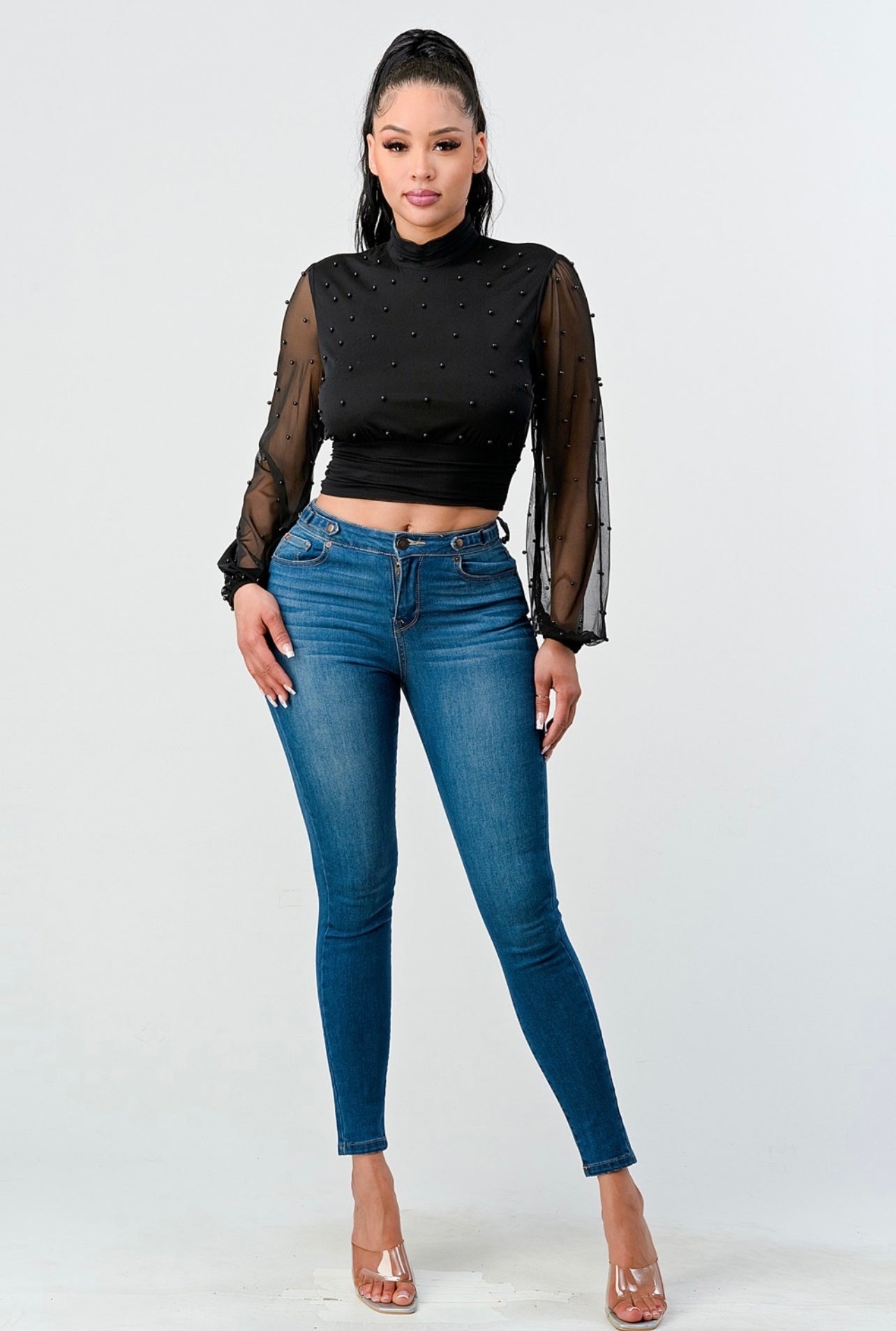 Luxxy Mesh Pearl Cropped Top (Black)