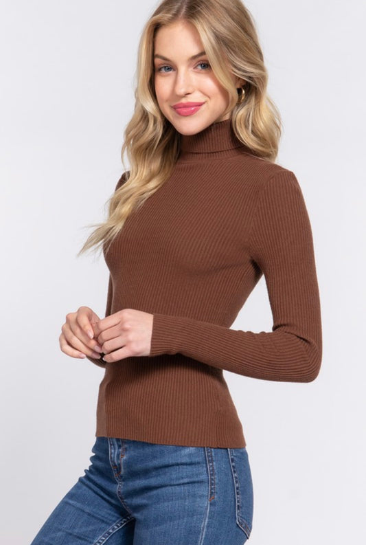 Long Sleeve Turtle Neck Sweater Top (Coffee)