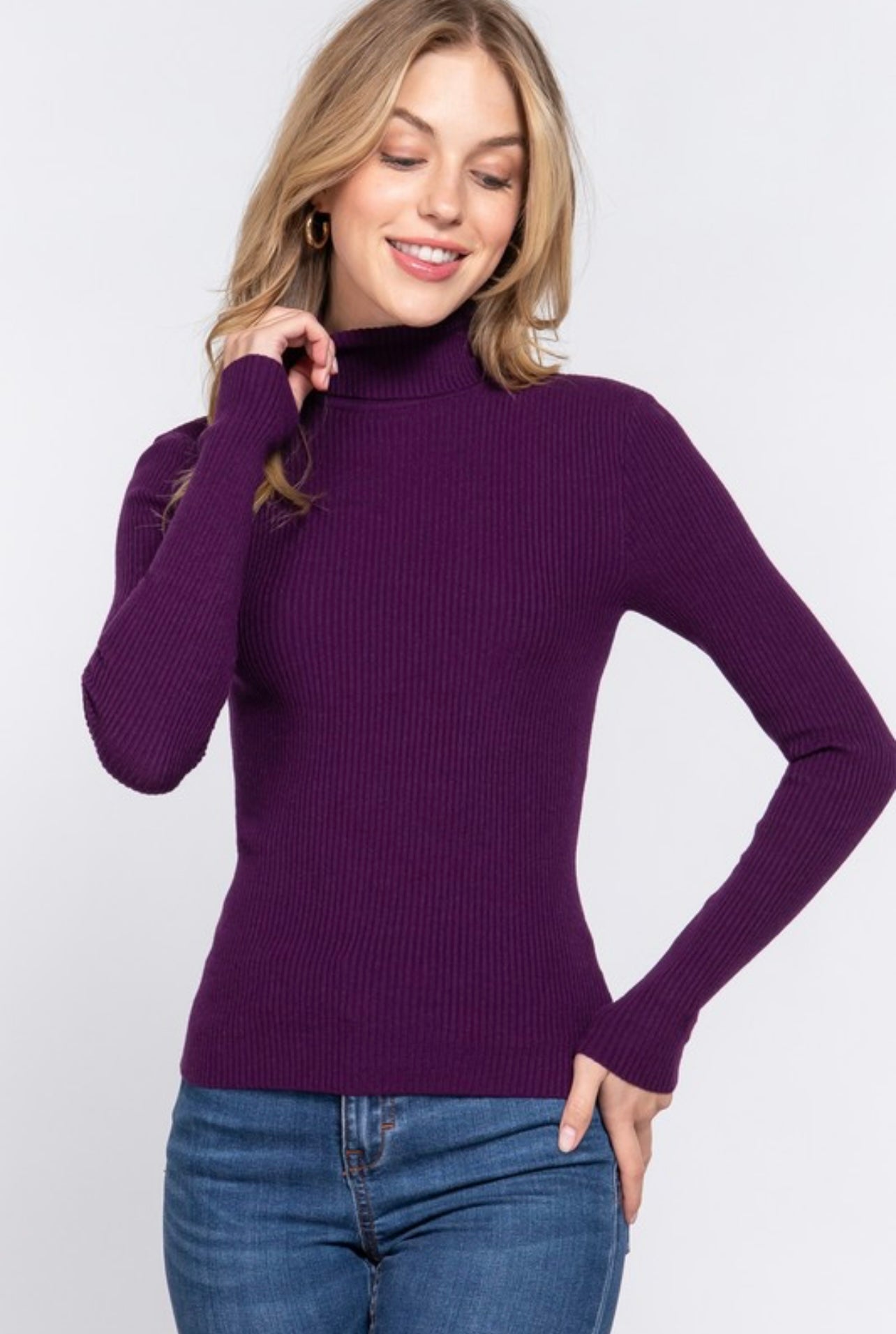 Long Sleeve Turtle Neck Sweater Top (Purple)