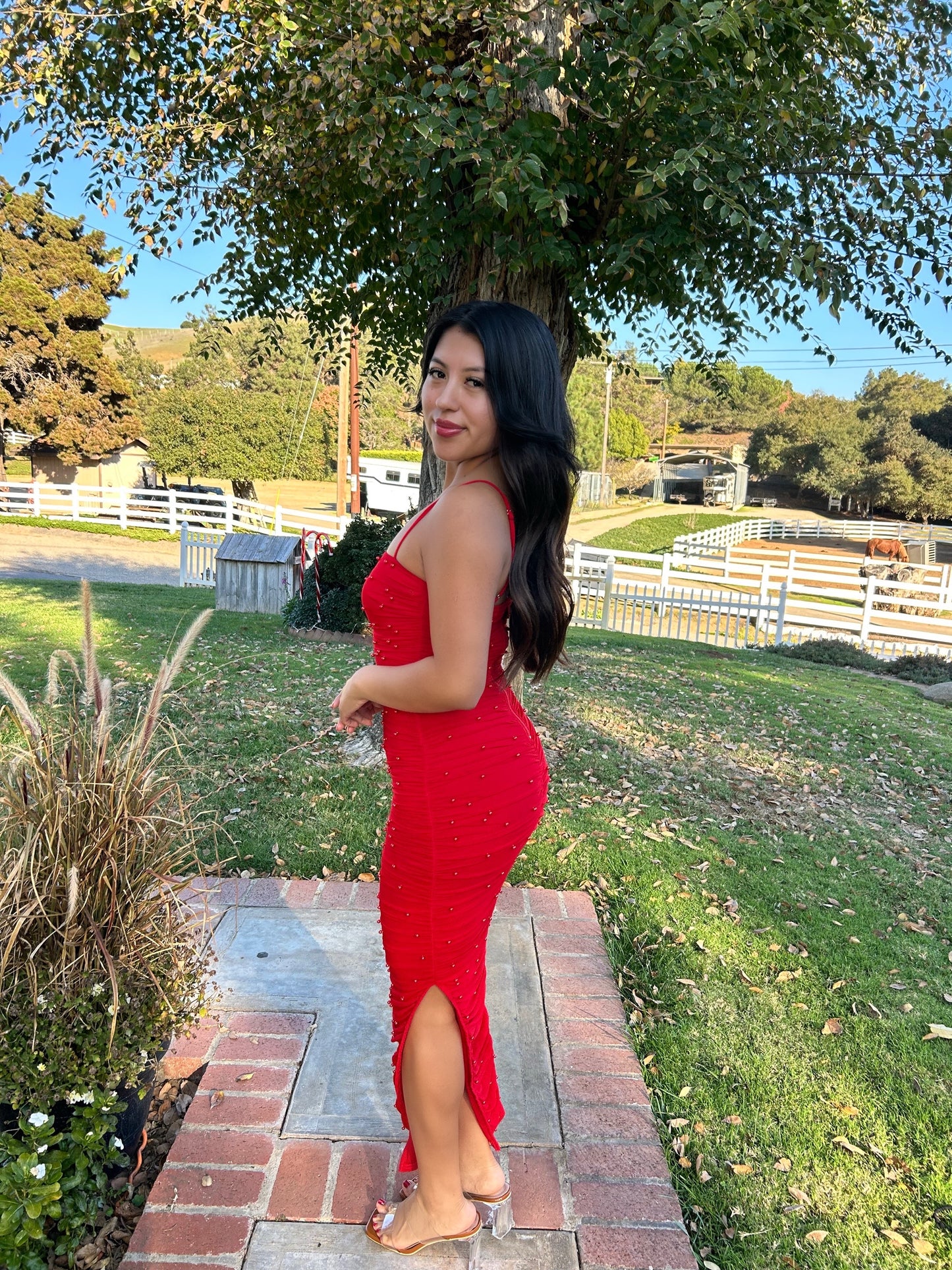 Date Night Pearl Midi Dress (Red)