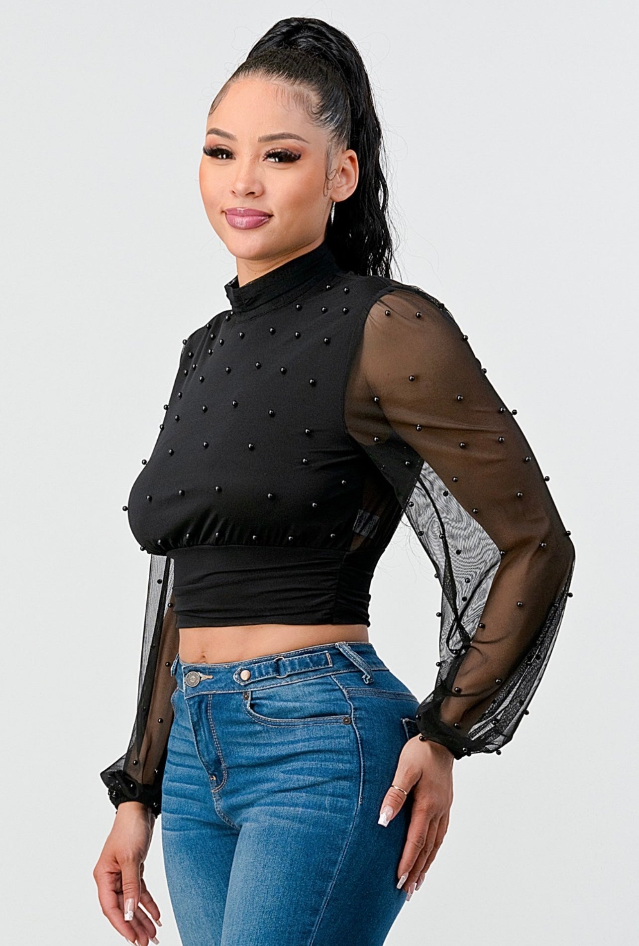 Luxxy Mesh Pearl Cropped Top (Black)