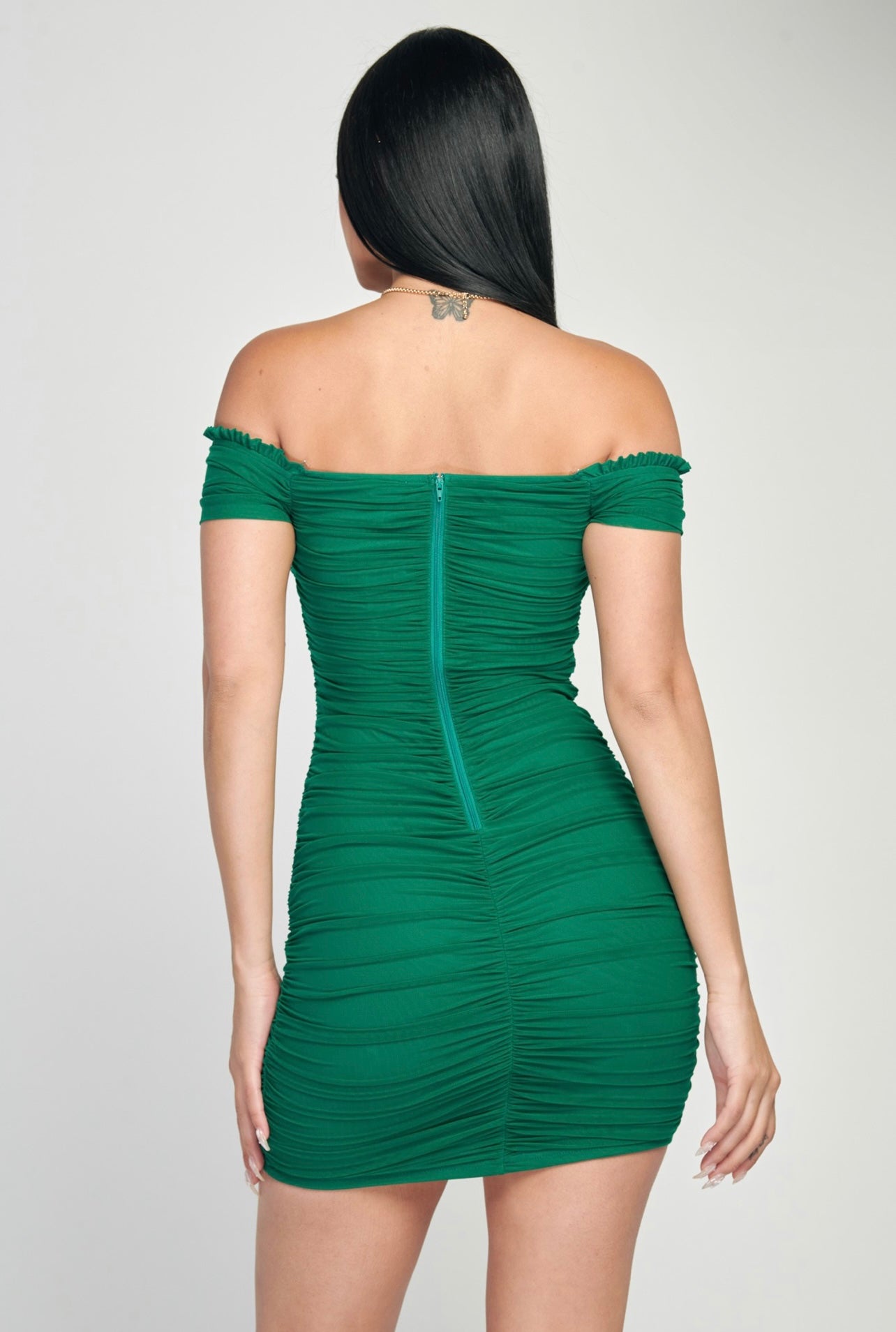 Destiny Ruched Off the Shoulder Dress (Emerald)