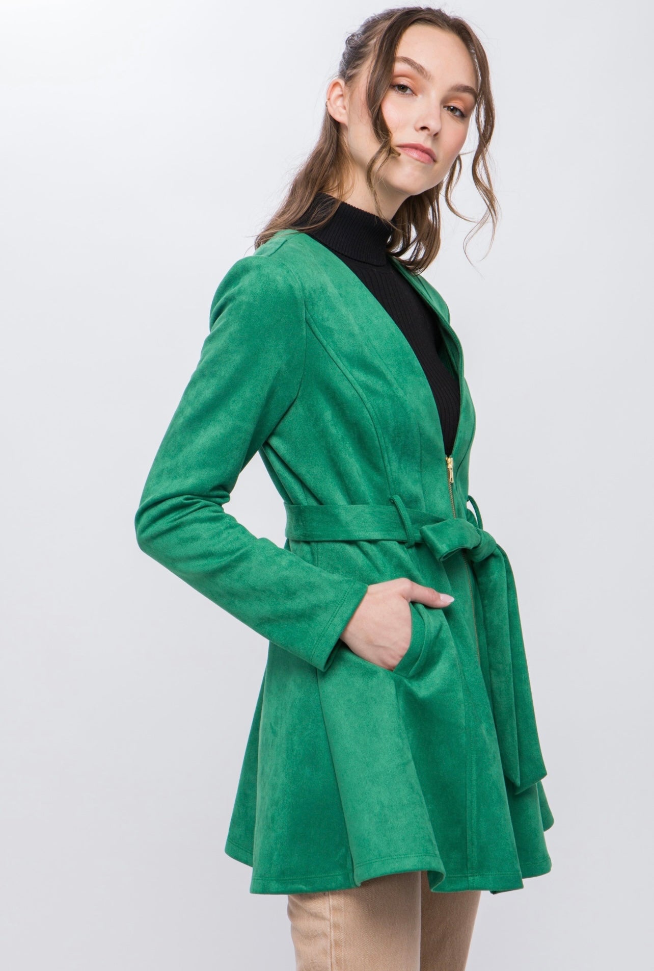 Suede Waist Tie Coat (Green)