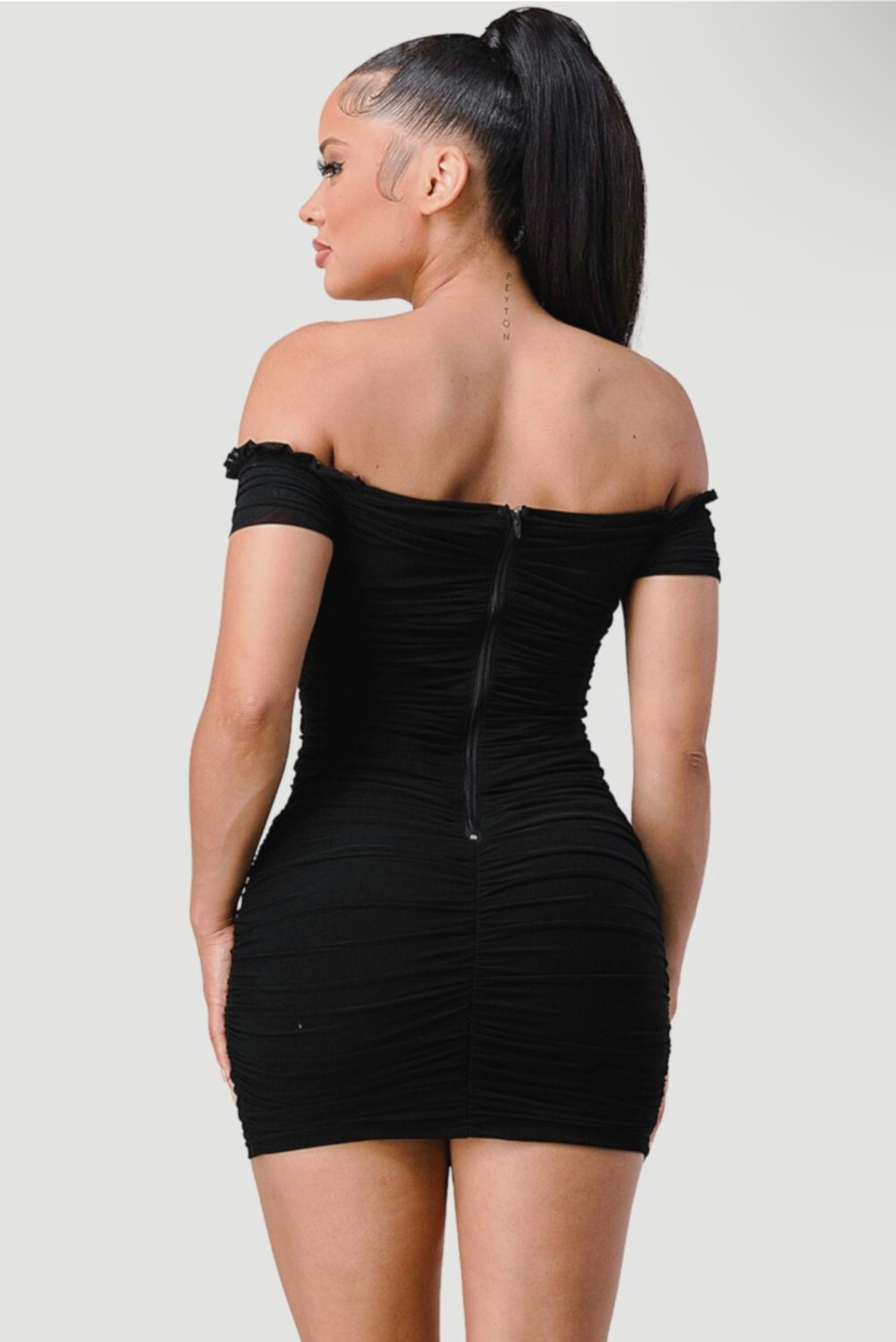 Destiny Ruched Off The Shoulder Dress (Black)