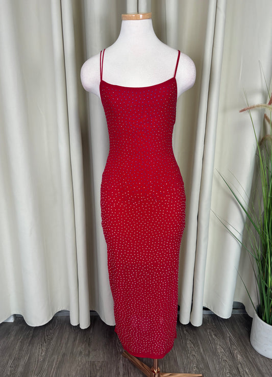 Amaris Red Rhinestone Slit Midi Dress