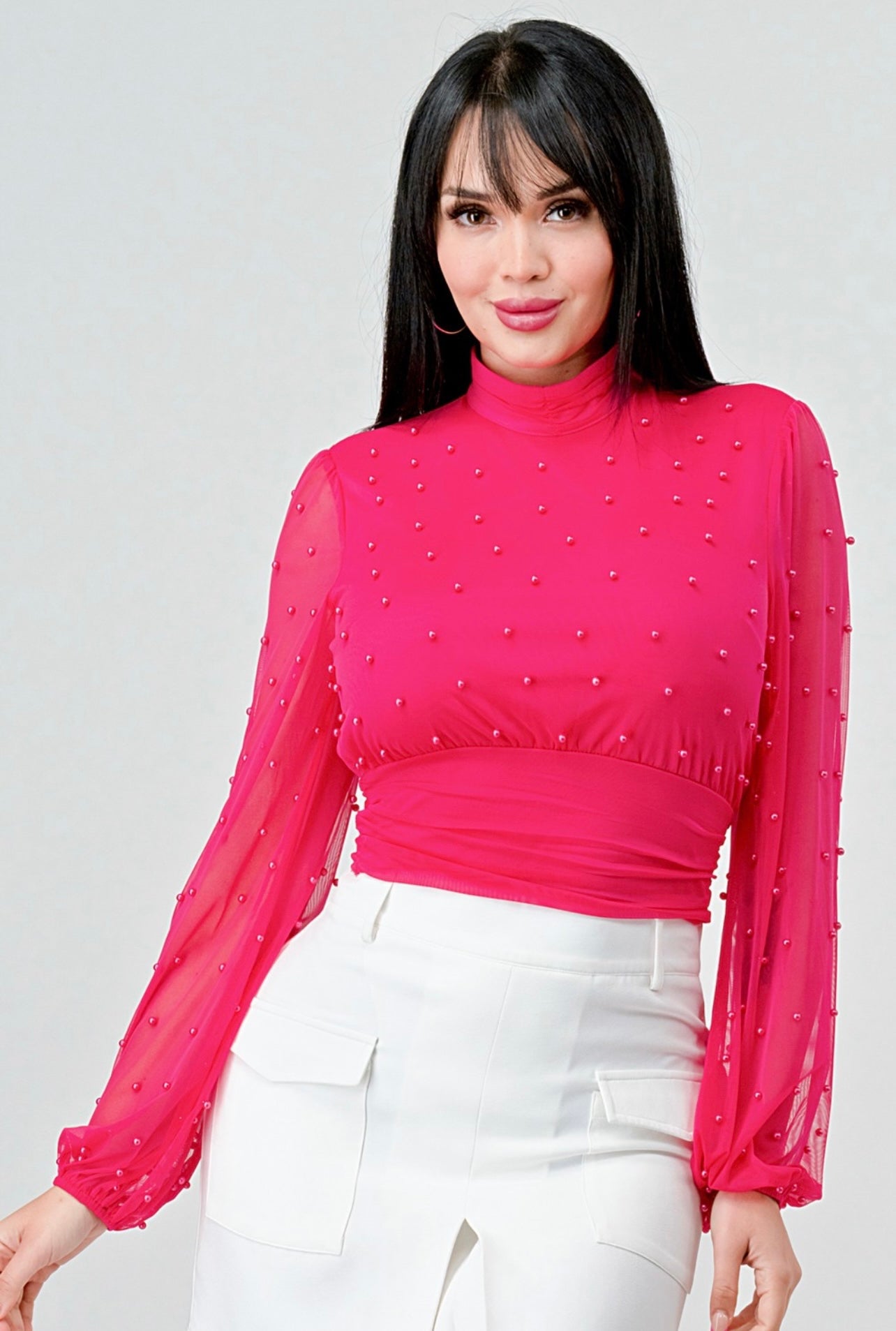 Luxxy Mesh Pearl Cropped Top