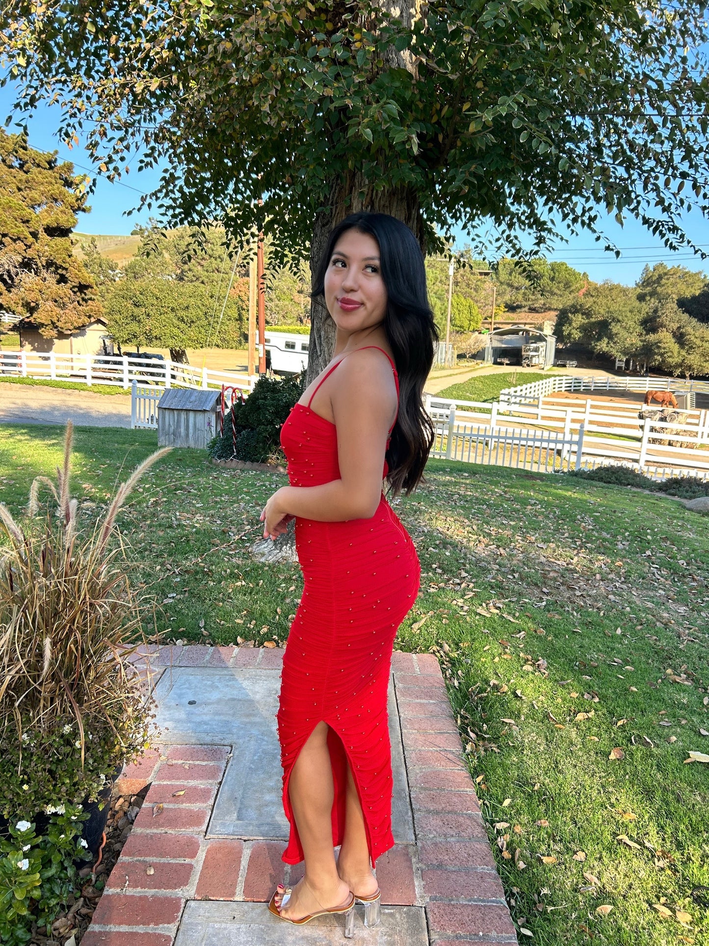 Date Night Pearl Midi Dress (Red)