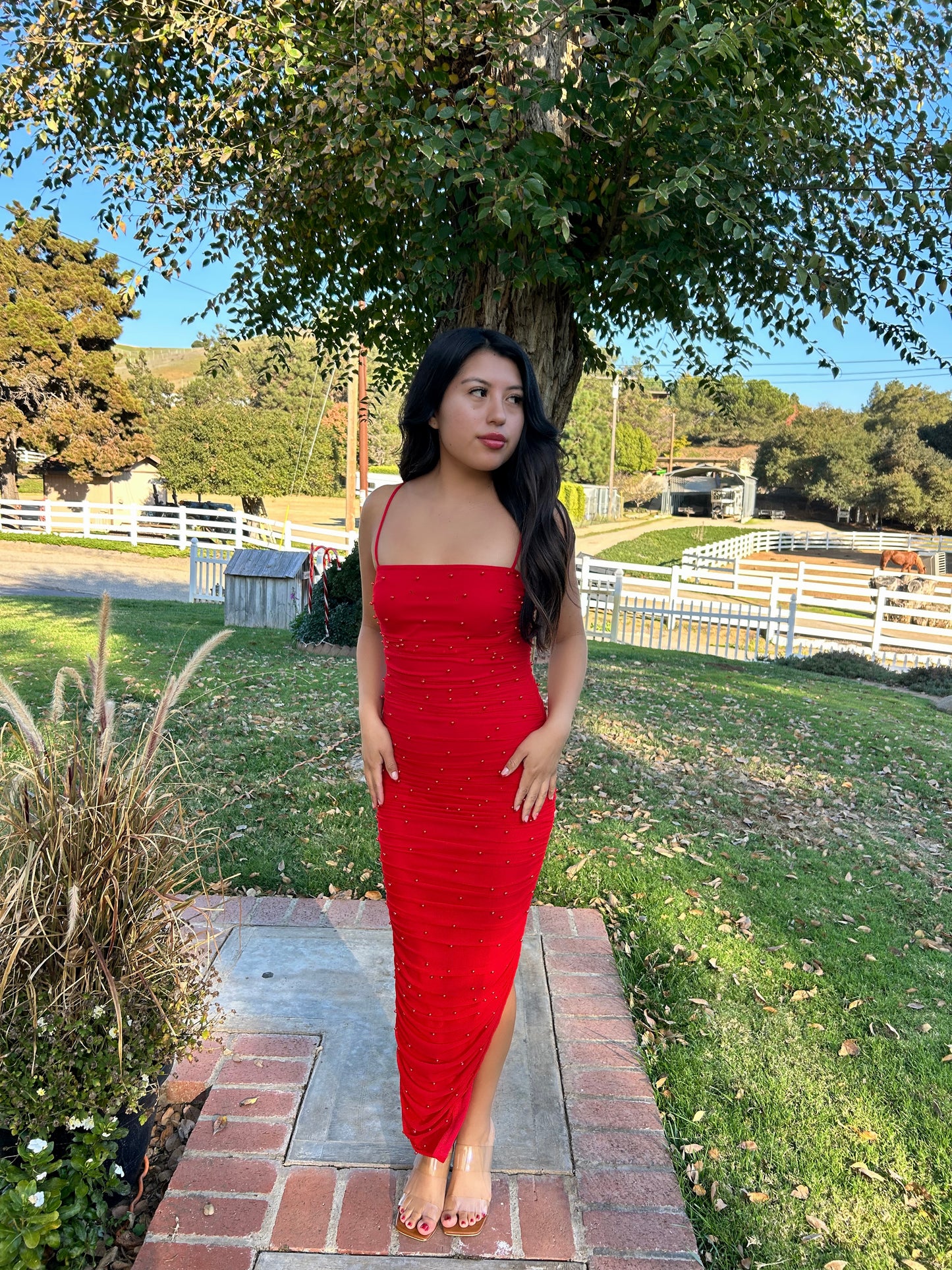 Date Night Pearl Midi Dress (Red)