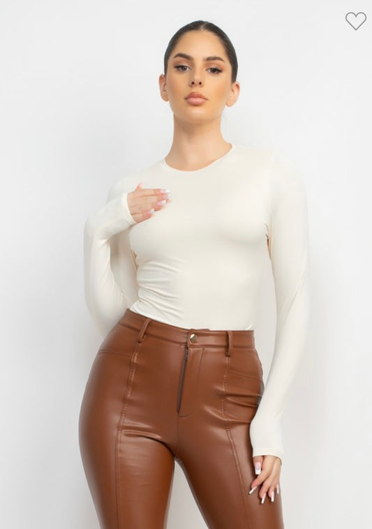 Cream Round Neck Long Sleeve Bodysuit